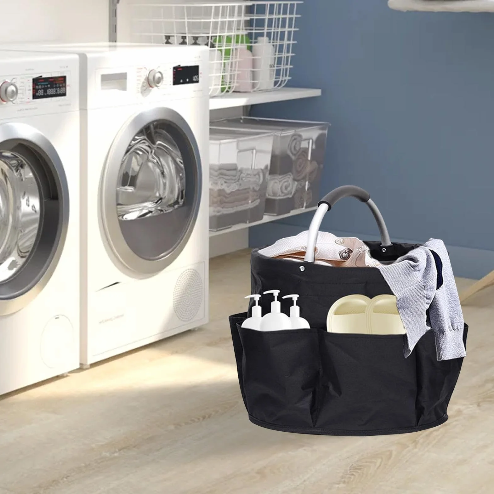 Sac de Rangement Pliable 28x28x28cm avec 6 Poches Latérales, Seau Portable pour Outils Jardinage