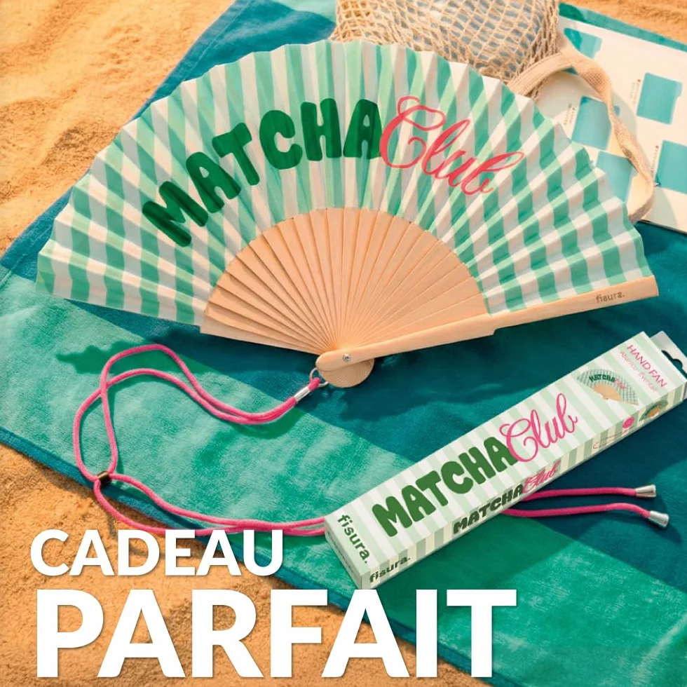 Éventail en Bois Matcha Club Vert à Rayures 42,5 x 23 cm avec Dragonne