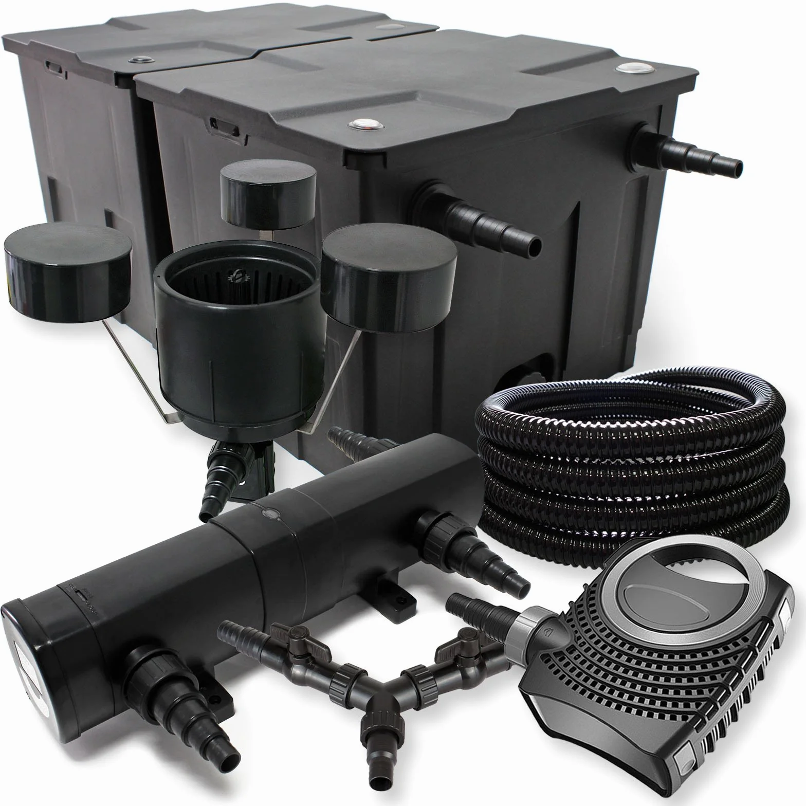 SunSun CBF-350B Filtre de bassin 60000 L NEO10000 pompe 10000l/h 80W CUV-236 lampe UV 36W 25m tuyau 25 mm CSP-250 écumeur 2500l/h 45W Y-distributeur