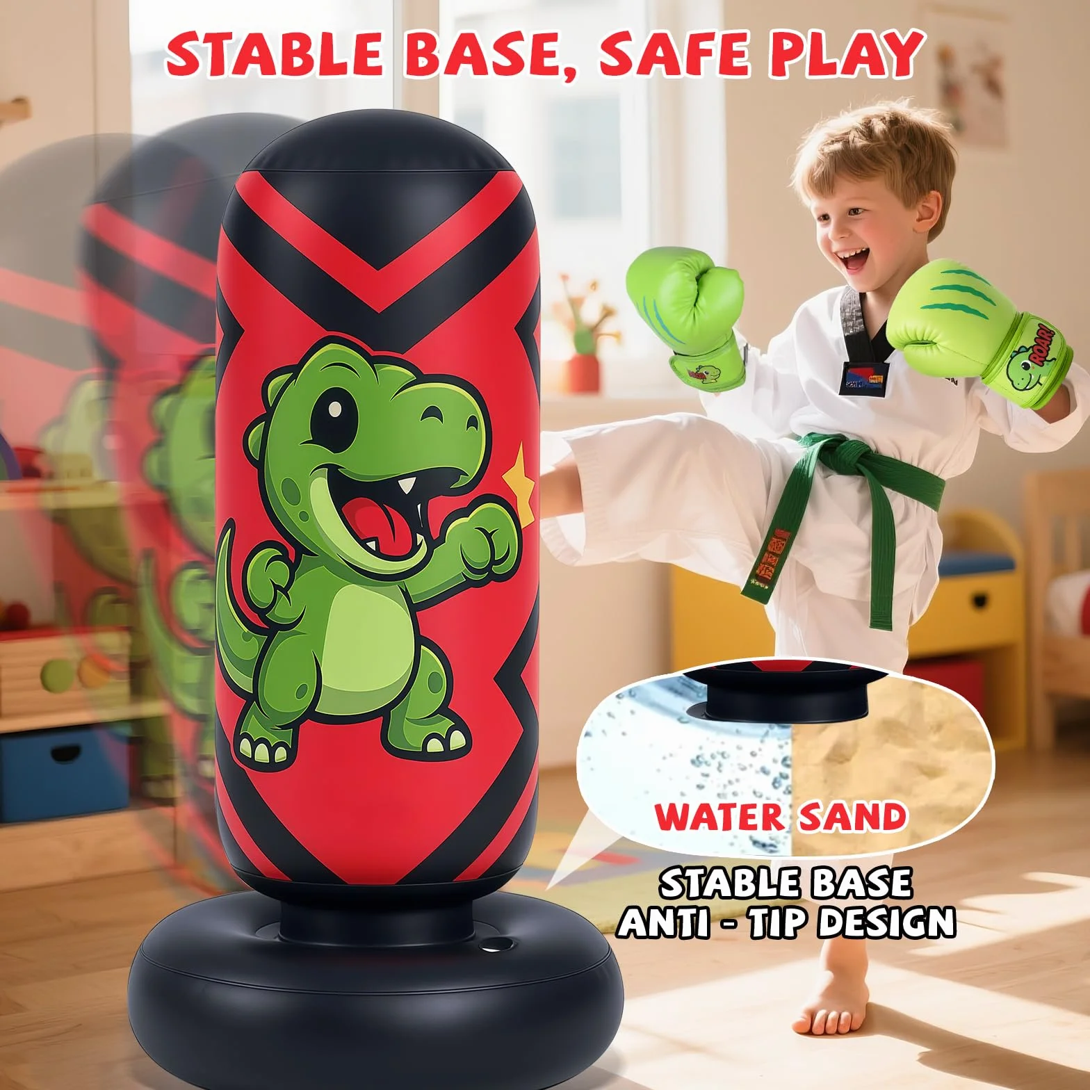 Sac de Frappe Enfant, Qoosea 130cm Punching Ball Enfants avec Gants de Boxe, Gonflable Sac de Boxe, Cadeau Parfait pour Garçons et Filles 3 à 8 Ans pour Karaté, Taekwondo