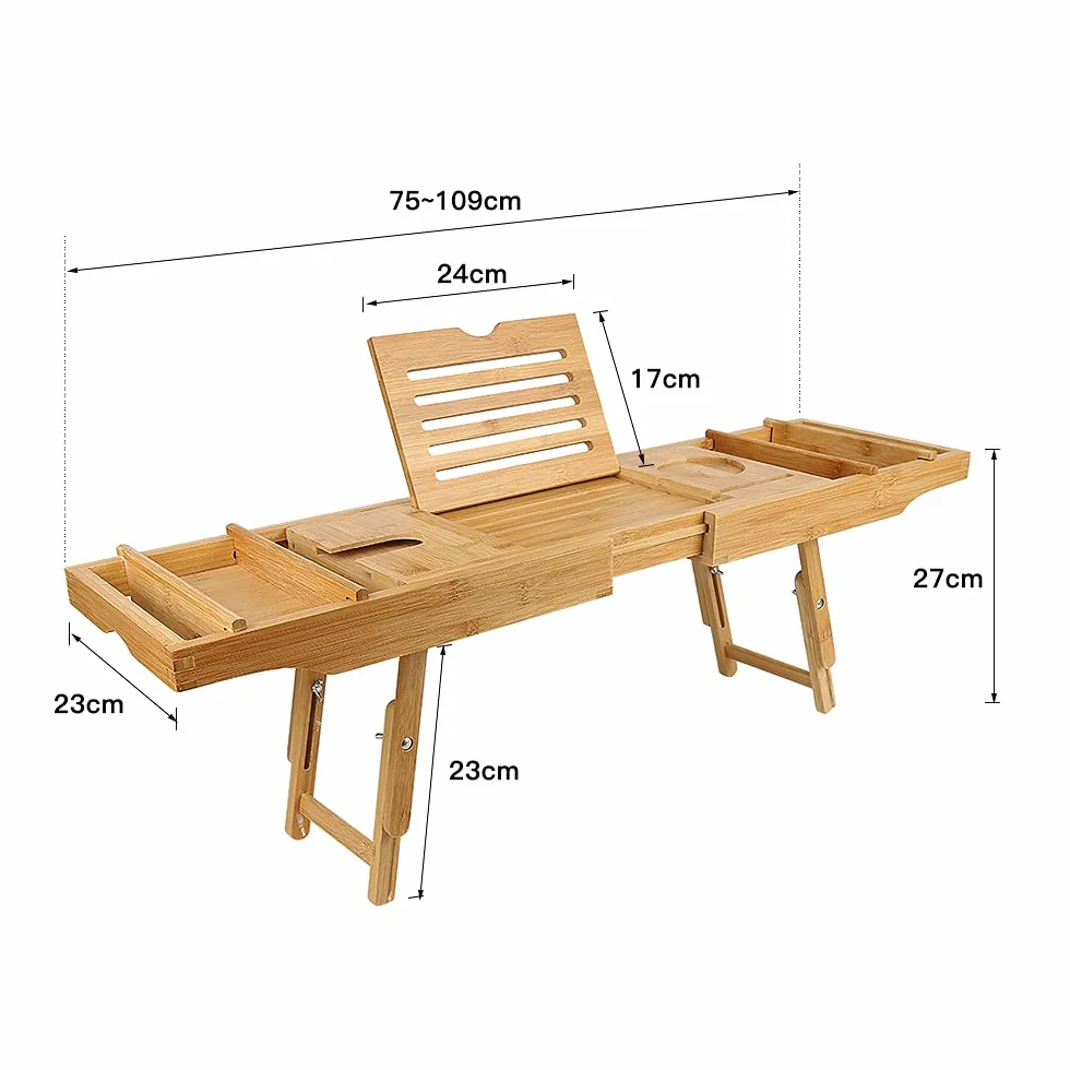 Plateau de Bain en Bambou Extensible 75-109cm avec Rangement et Porte-Savon