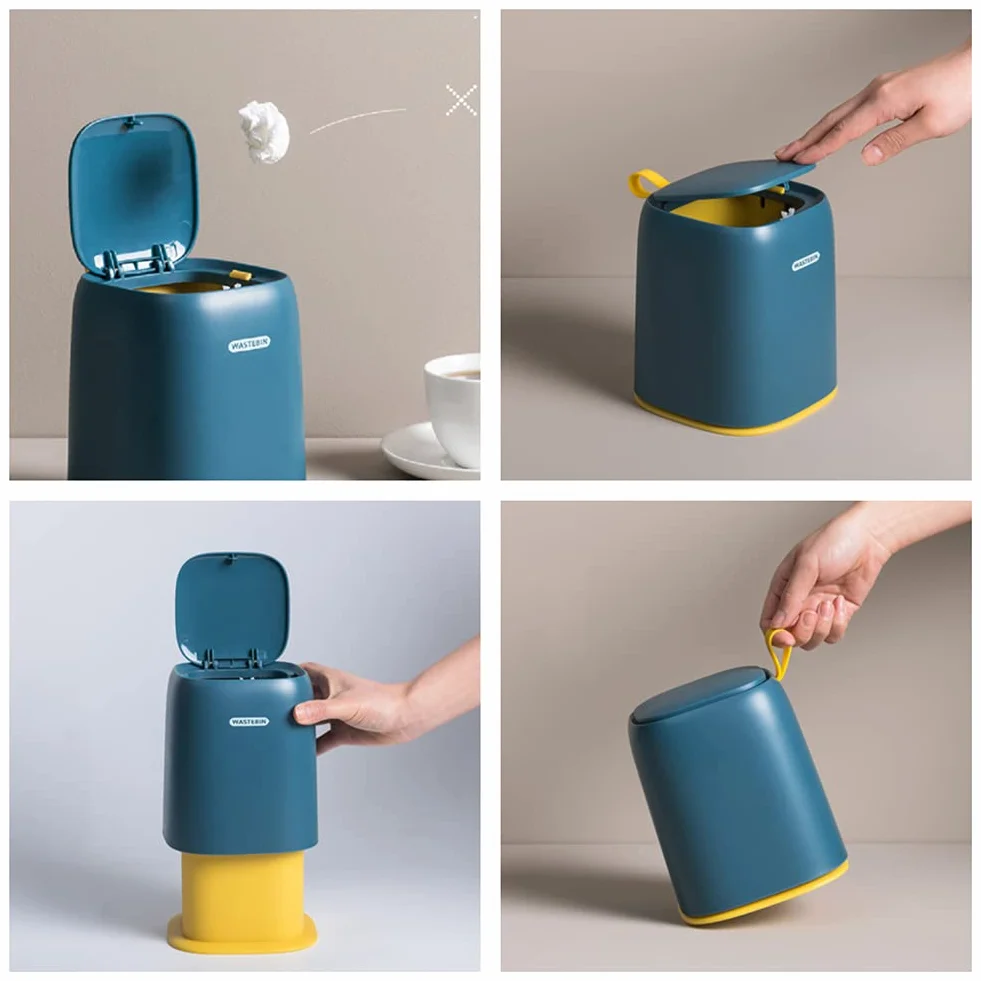 Mini poubelle de bureau avec couvercle à pression, poubelle en plastique coloré avec 3 rouleaux de sacs poubelle (blanc)