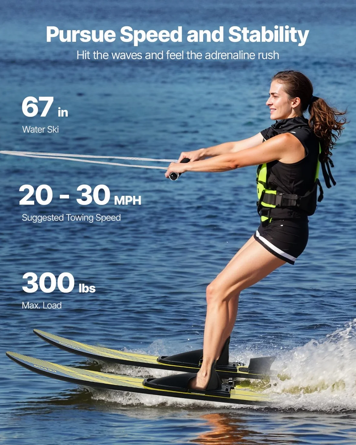 VEVOR Combo Skis Nautiques 170,2 cm, Matériels de Ski Nautique pour Adultes avec Fixations Réglables X-9 en Fer à Cheval et Plaque d'orteil Arrière Rembourrée, Revêtement UV Brillant, Sport sur l'eau