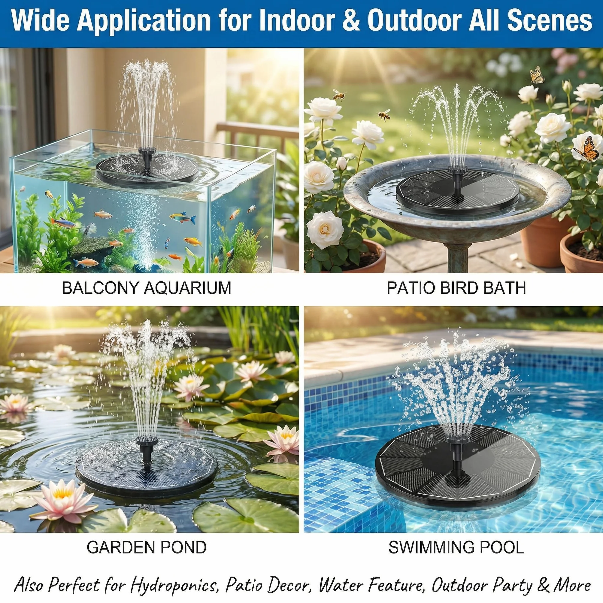 Fontaine Solaire pour Bassin 3,5W intégré 1500mAh Batterie 6 Buses Exterieure Jardin