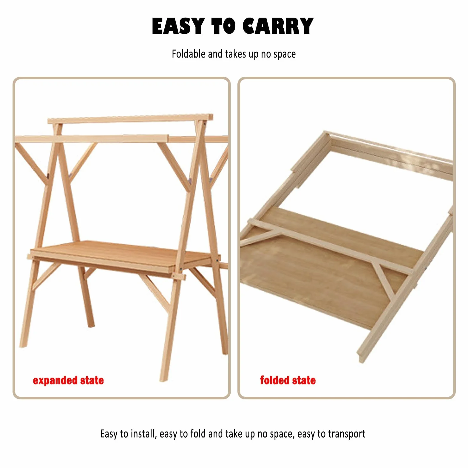 Chariot de Vente Mobile Pliable en Bois avec Auvent, Stand de Marché 120cm Rouge