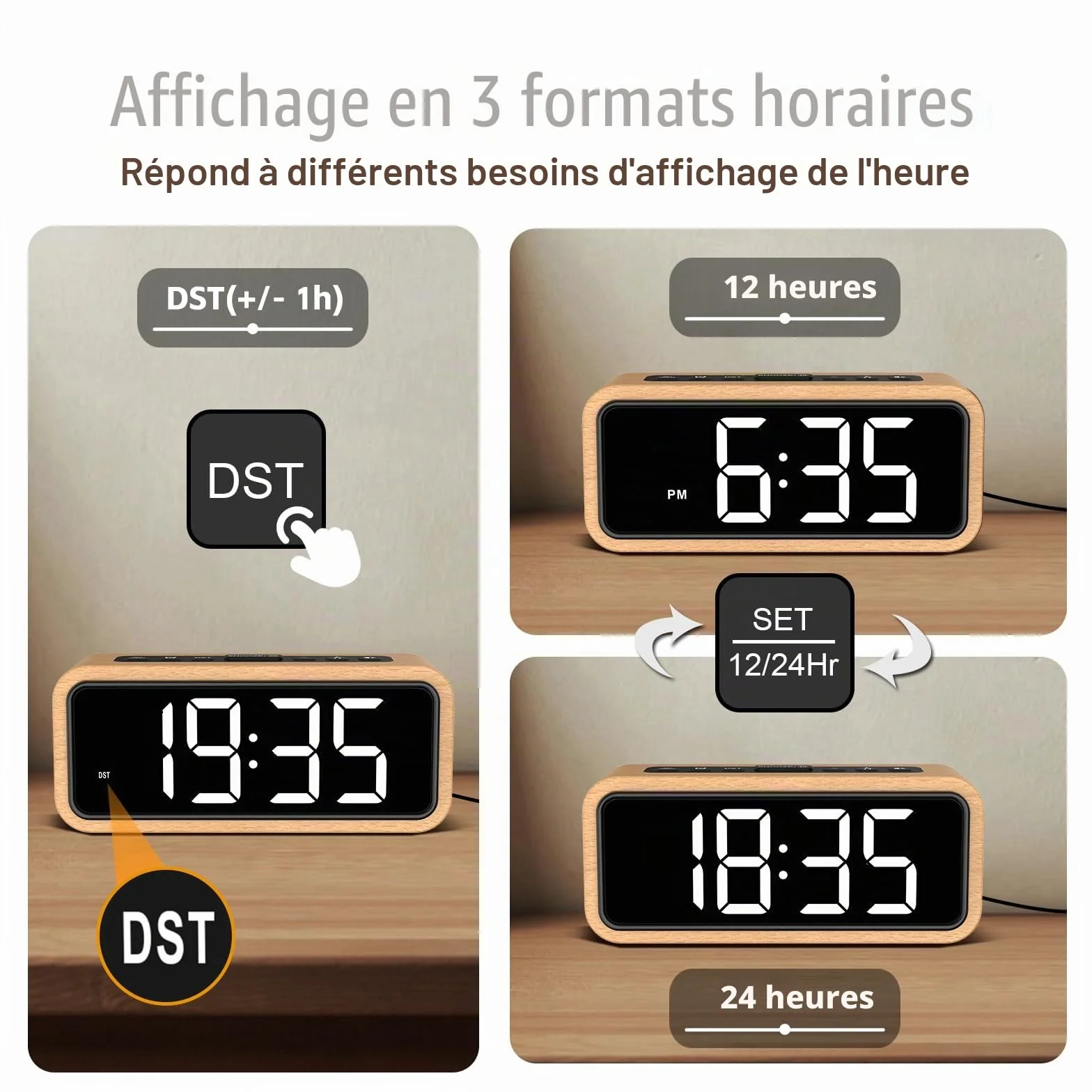 Réveil Rétro en Bois avec Affichage LED, 12 Sonneries d'Alarme, 5 Niveaux de Luminosité, Volume Réglable, Hêtre Blanc