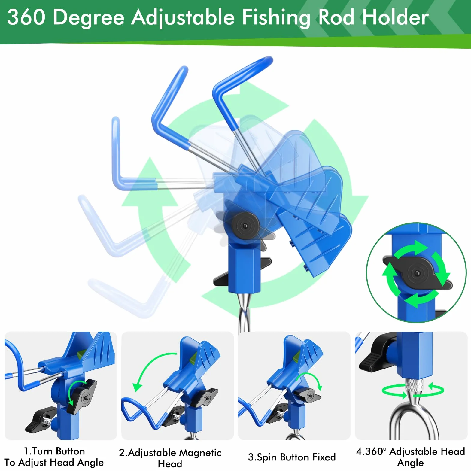 Support Canne à Pêche Acier Inoxydable Réglable 360° Lot de 2 avec Effet Lumineux pour Bateau