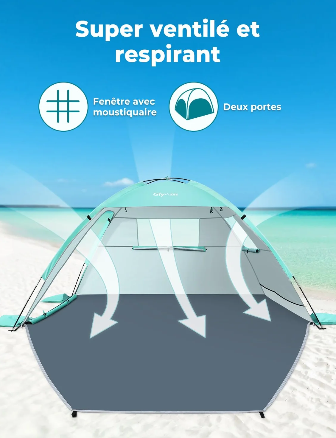 Glymnis Tente de Plage, Tente Anti-UV, Protection UPF 50+, Abri de Plage Facile à Installer et à Transporter pour Plage, Parc, Camping et pêche