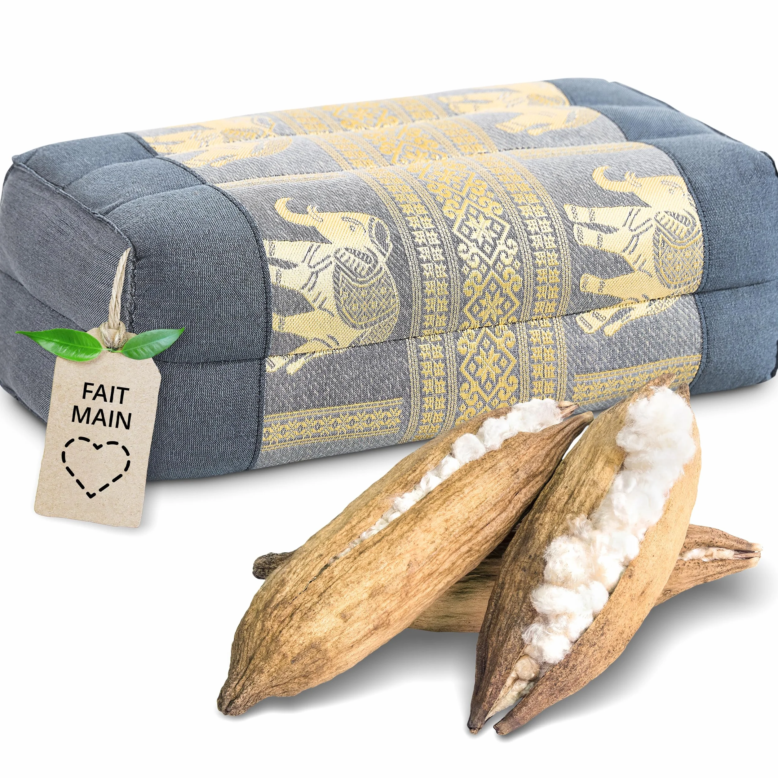Livasia Coussin Yoga carré Bloc Soie thaï - 17x34x12cm - Coussin de méditation kapok, Coussin de Soutien rectangulaire, Accessoire Yoga Pilates Coussin cale-Nuque, Fait Main (Gris/Éléphants Soie)