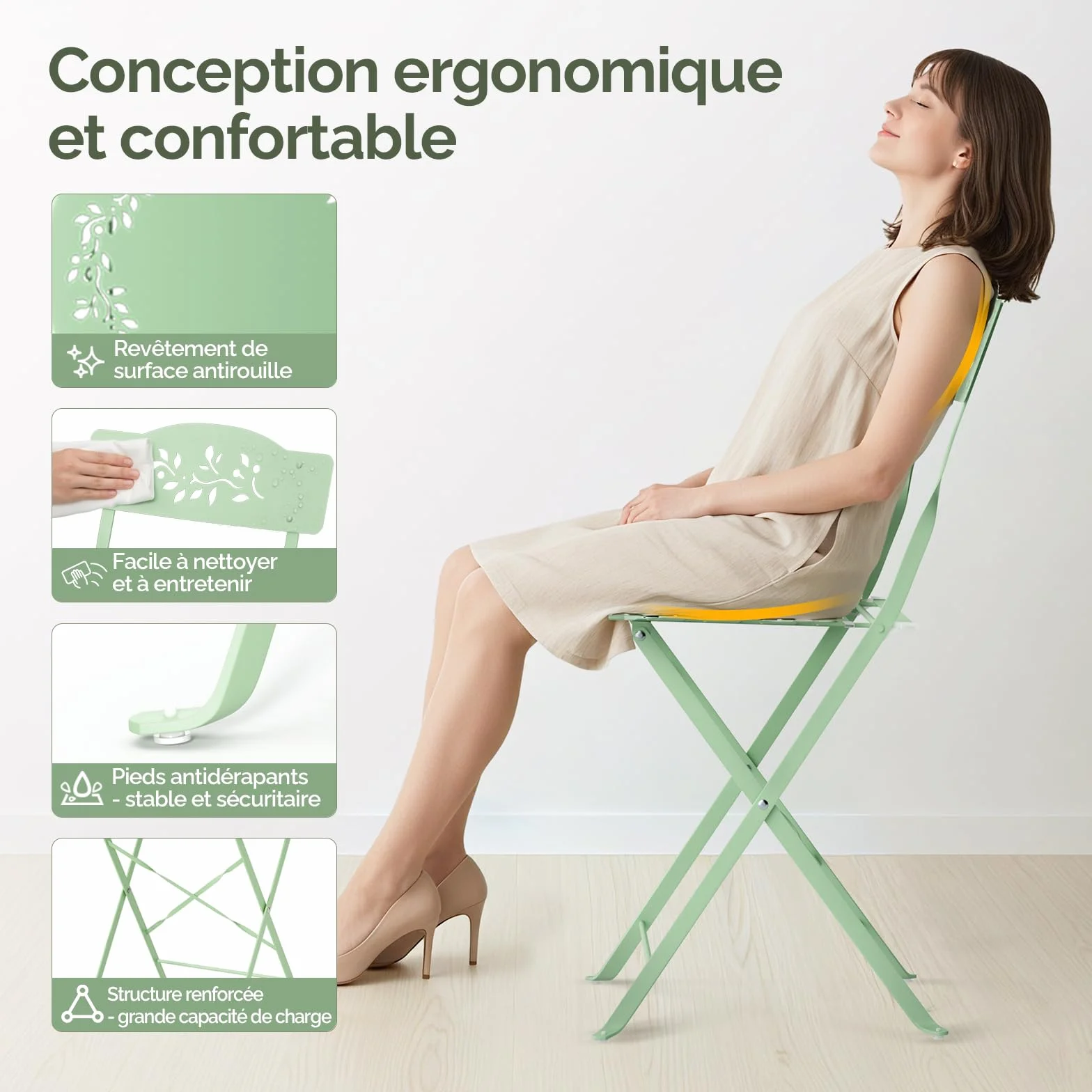 Bonnlo Set de Bistrot Pliant 3 Pièces Table et Chaise de Jardin Exterieur Vert Clair