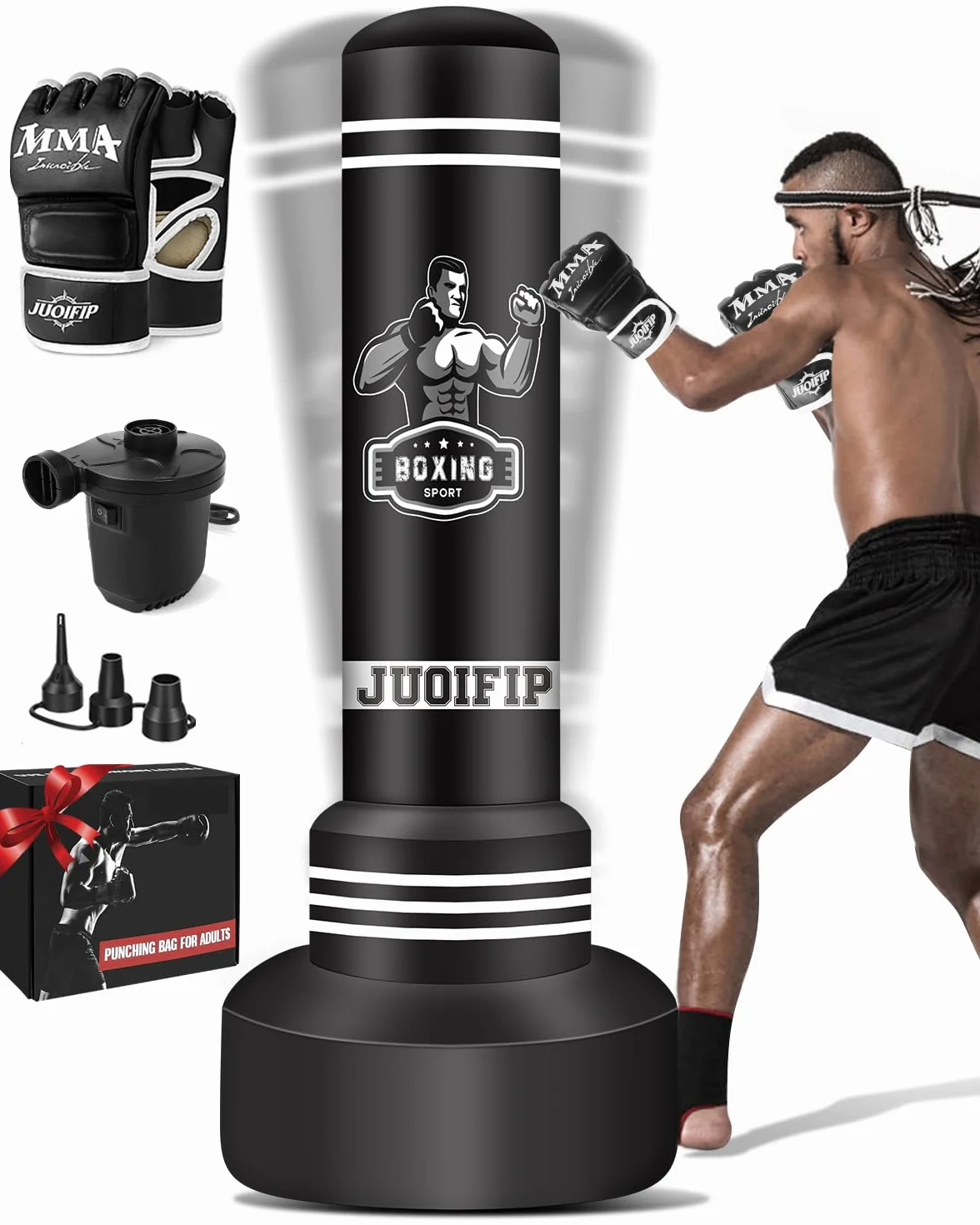 Sac de Frappe Adulte 180cm- Sac de Boxe Lourd autoportant avec Gants de Boxe et Pompe, Sacs de Kickboxing avec Support pour l'entraînement MMA Muay Thai Fitness Débutants