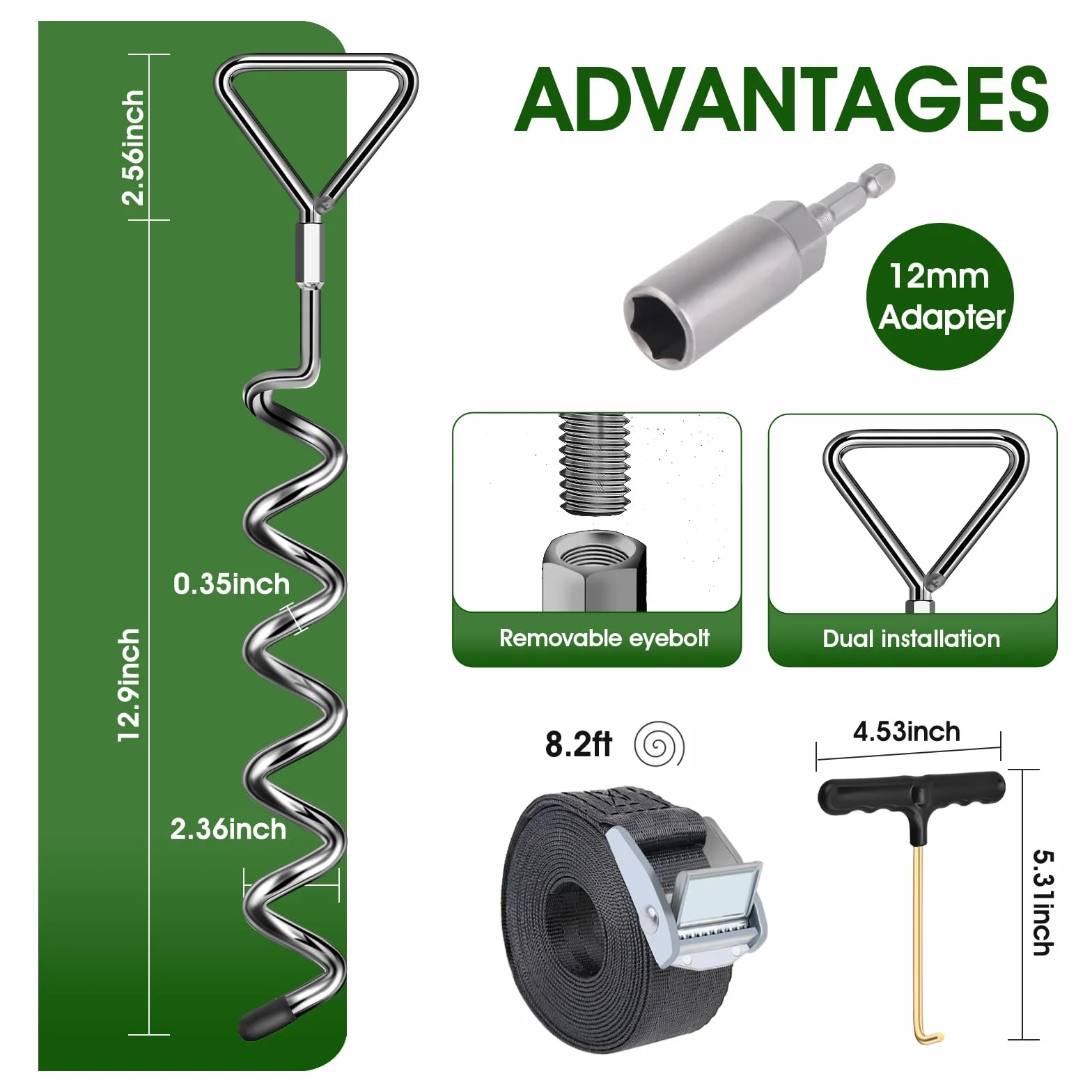 Lot de 4 piquets d'ancrage au Sol pour Trampoline – Ancrage au Sol avec 4 Sangles (Longueur 2,5 m) – Les piquets Heavy Duty résistent au Vent élevé, idéal pour Trampoline en Plein air