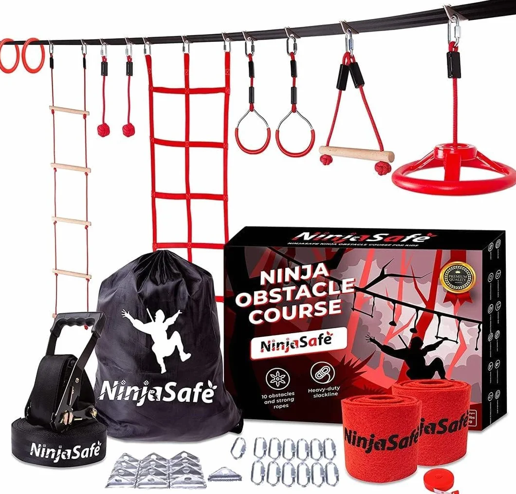 Parcours d'obstacles Ninja pour Enfants – 10 Obstacles durables et 15 m Slackline – Équipement de Jeu d'extérieur pour Filles et garçons avec Filet d'escalade, échelle, Roue, Gymnastique guerrière et