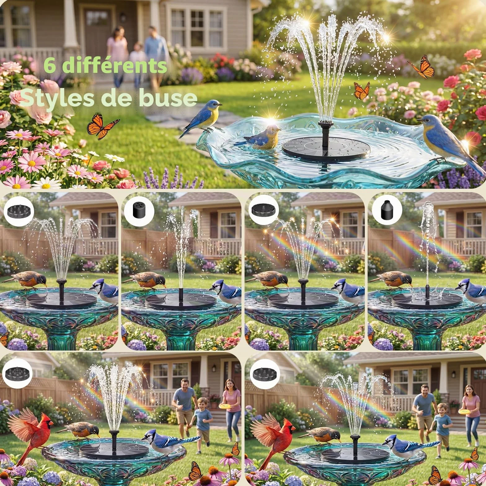 Fontaine Solaire Extérieur Flottante Pompe Bassin avec 6 Buses 1,5W pour Bain d'oiseaux Jardin
