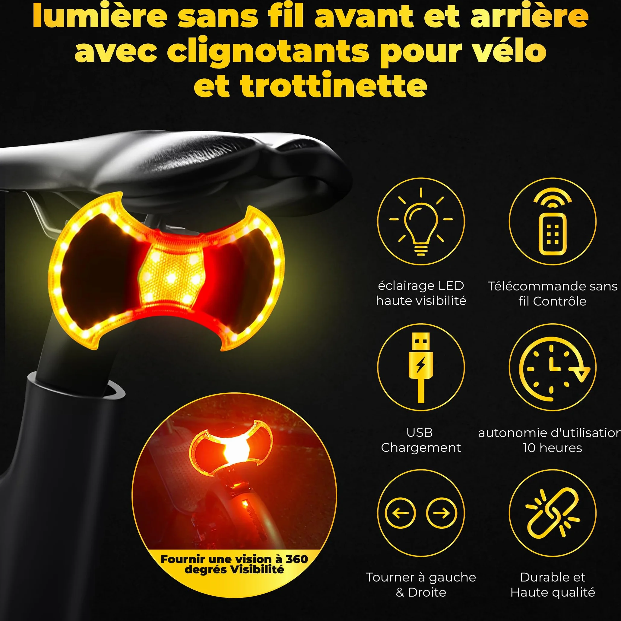lumière Avant et arrière avec Clignotants pour vélo et Trottinette - Accessoires et Fixation Universelle arrière pour Trottinette Compris, télécommande sans Fil, Lampe LED Rechargeable par USB
