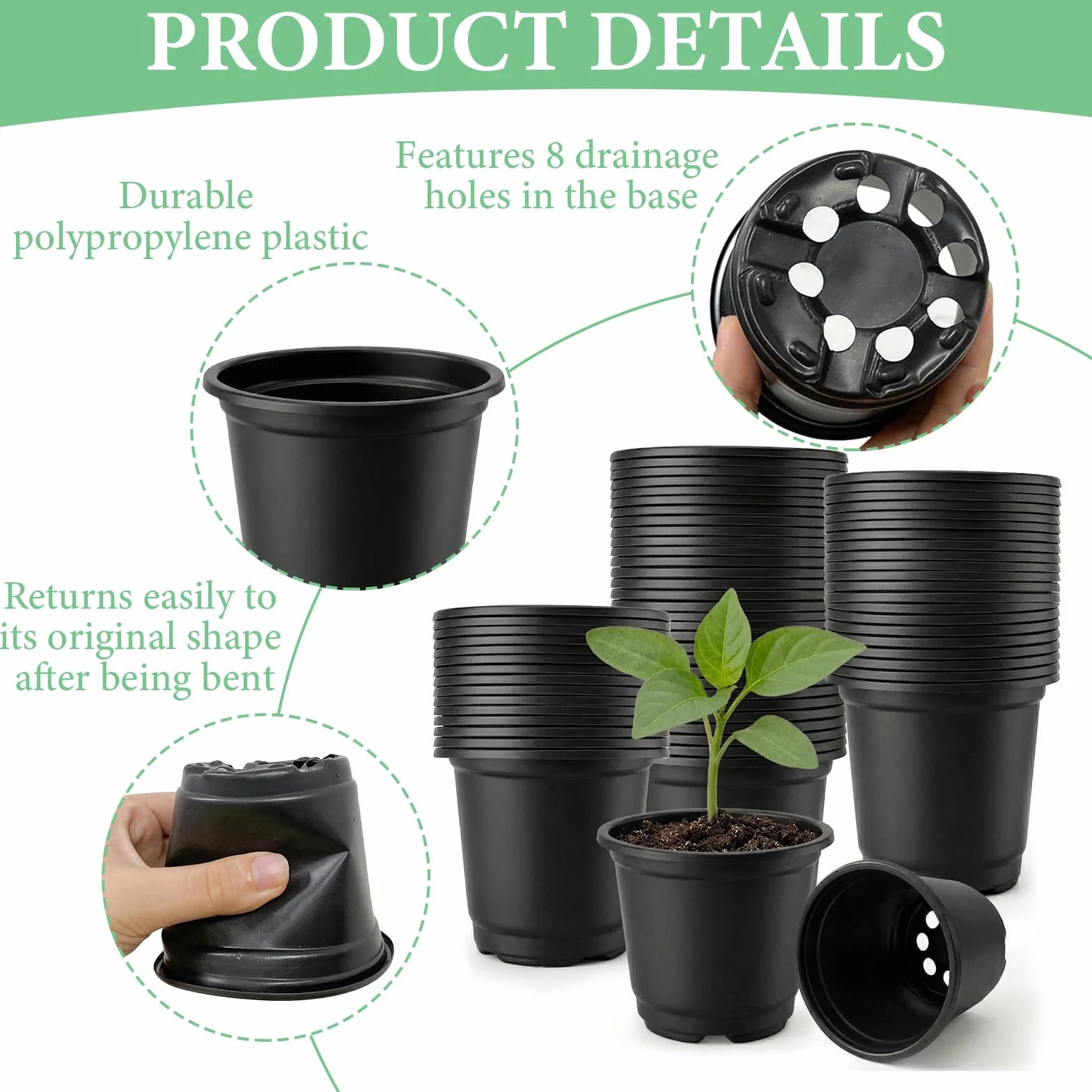 Pots de Fleurs Plastique 10cm Pot Semis Rond Réutilisables Pot de Culture Plantation Intérieure Extérieure Noir