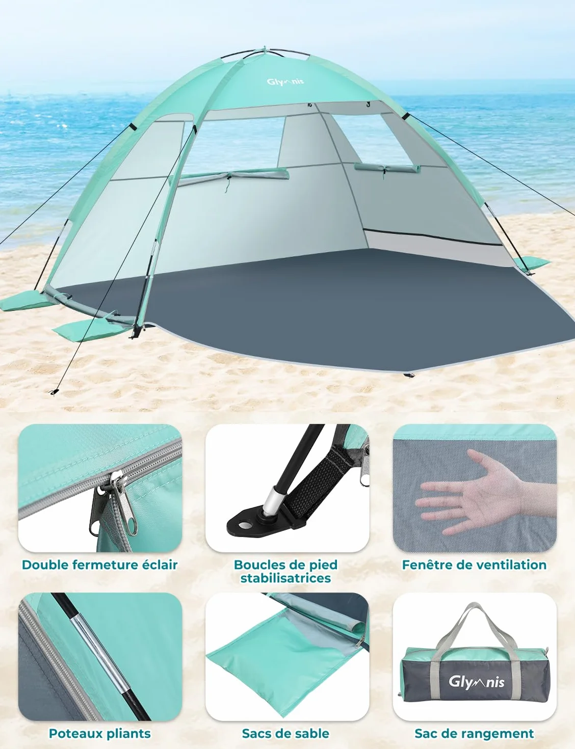 Glymnis Tente de Plage, Tente Anti-UV, Protection UPF 50+, Abri de Plage Facile à Installer et à Transporter pour Plage, Parc, Camping et pêche