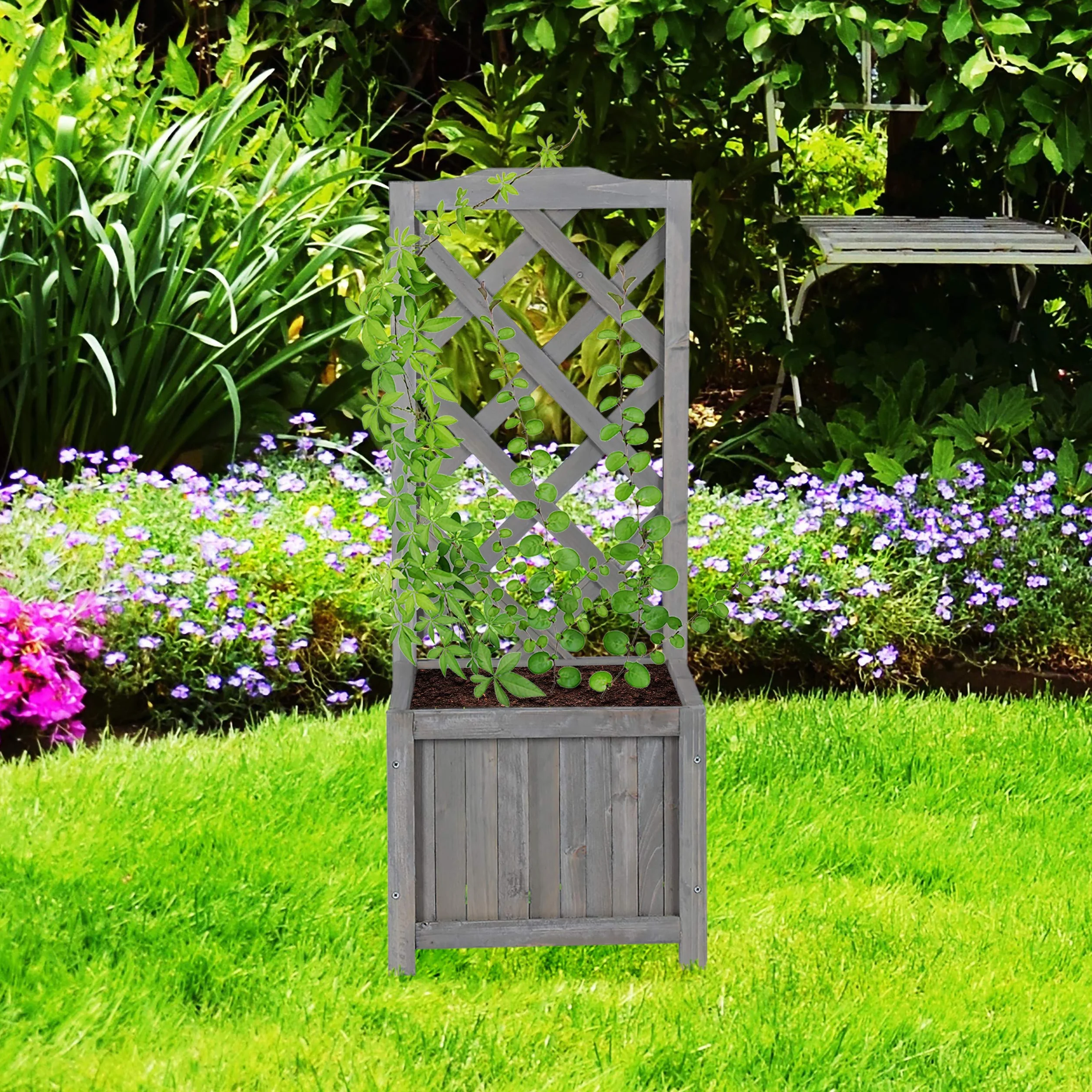 Relaxdays Jardinière Treillis Espalier Tuteur Plantes Grimpantes Bac à Fleurs Bois 20L 90cm Gris
