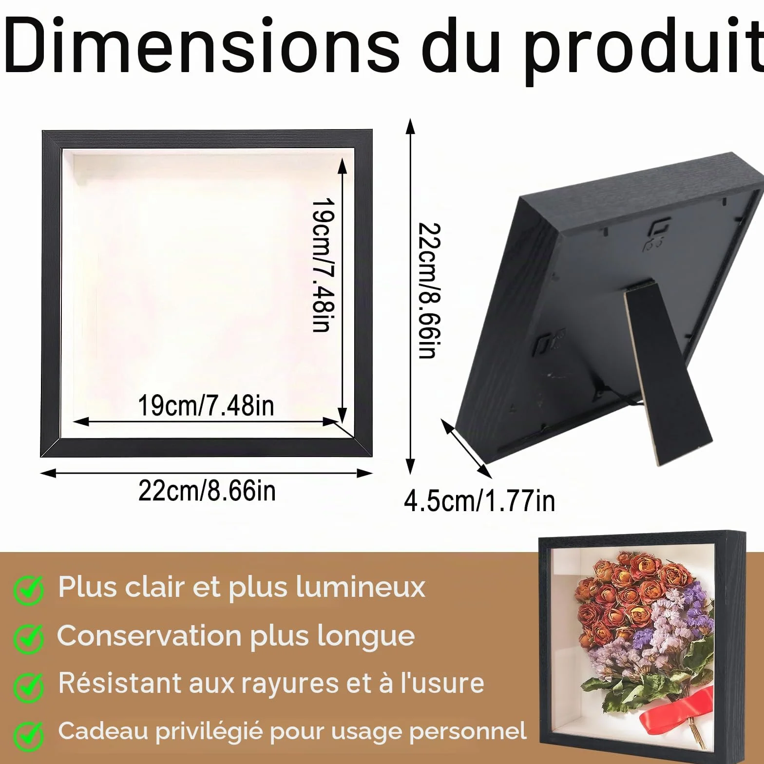 Cadre Photo 3D 22 x 22 cm Bois 3 cm Profondeur pour Mur Bureau Décoration Mariage DIY Noir
