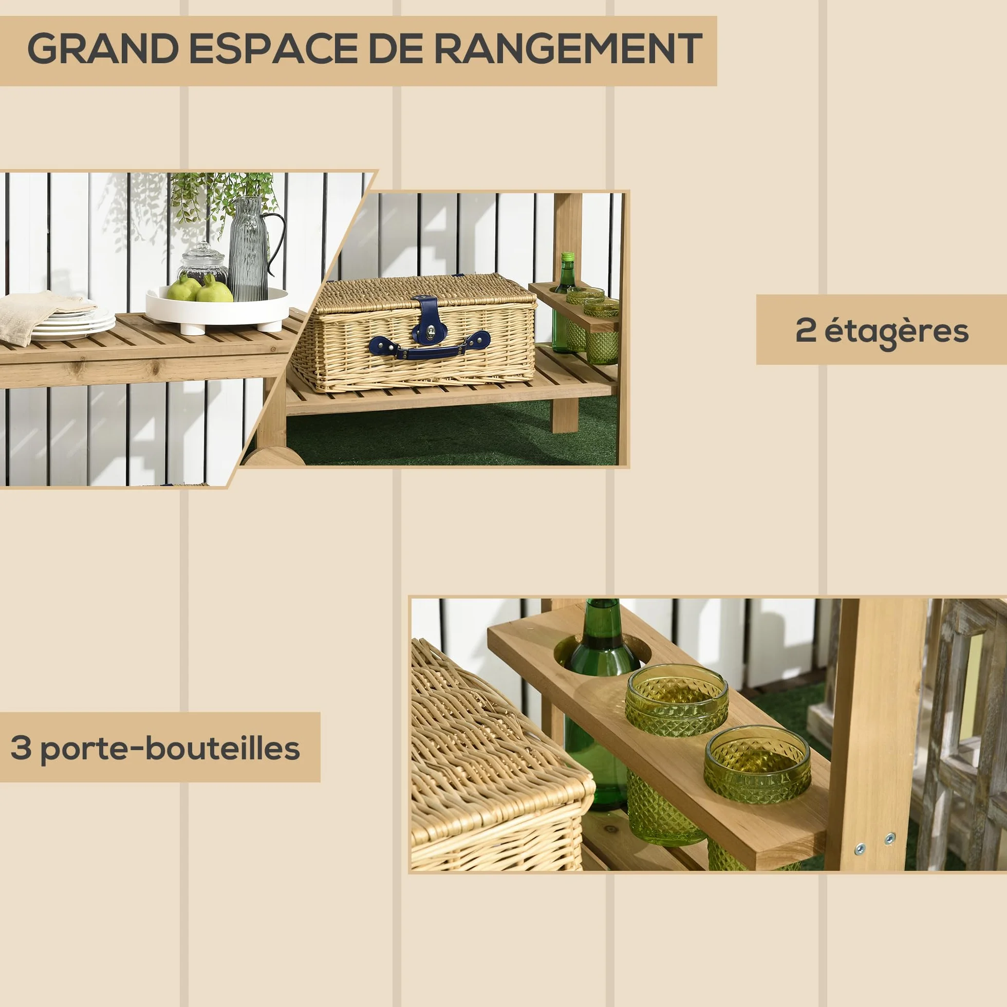 Outsunny Desserte de Jardin Chariot pour plancha Barbecue en Bois 95 x 47 x 74 cm