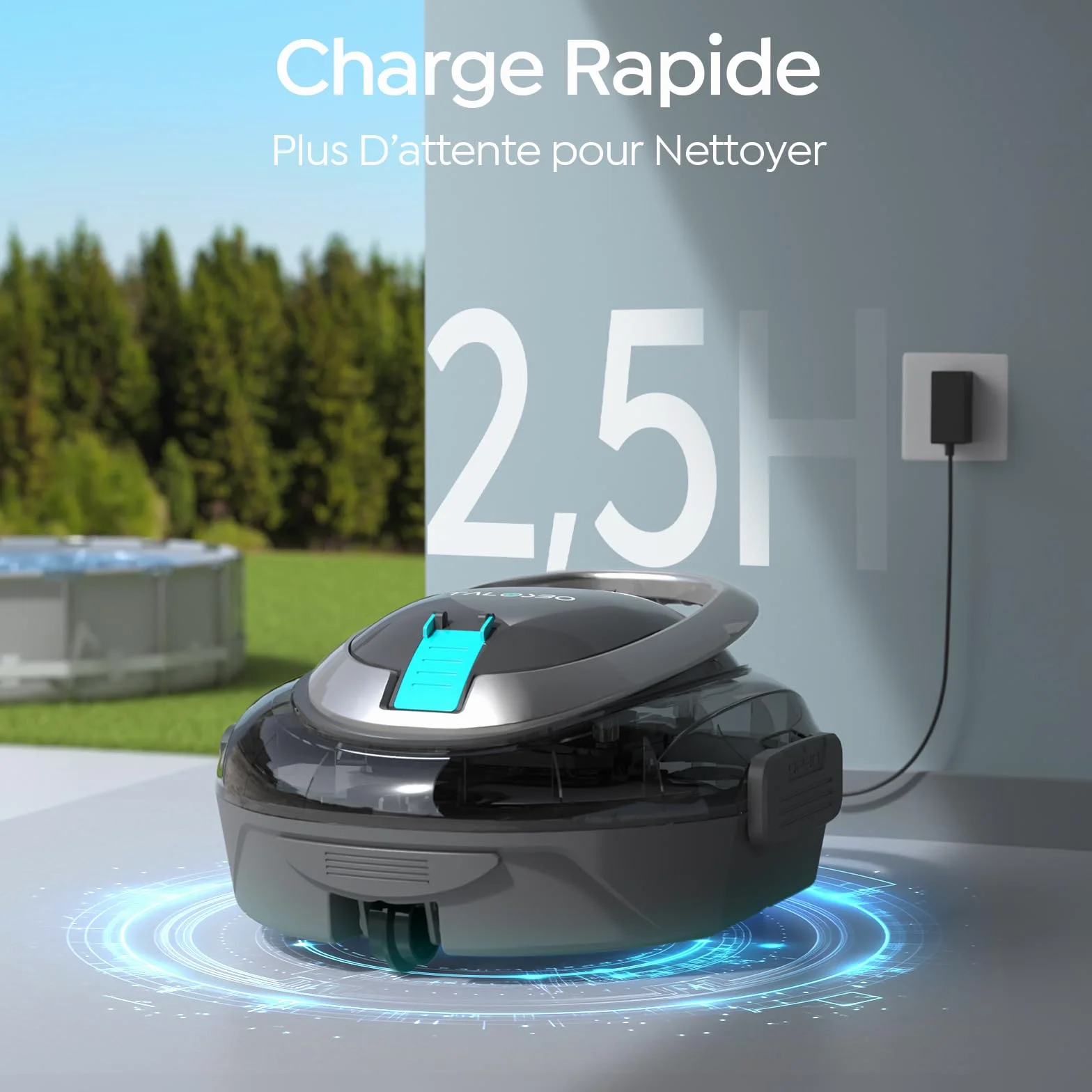 Robot Piscine Double Filtration Nettoyeur Aspirateur sans Fil Autonomie 90 Min 1928GPH Stationnement Automatique 80 m²