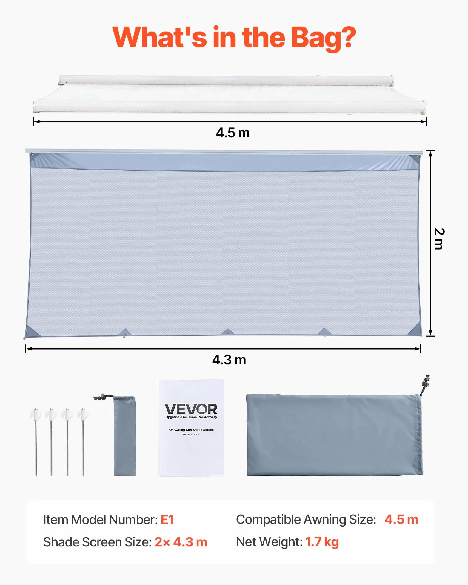VEVOR Paroi Avant pour Store de Camping-Car de 2x4,3 m, Façade de Store Compatible avec Auvent de 4,5 m, Pare-Soleil pour Caravane Camping Voyage, en Maille Polyester Respirant, Double Couture