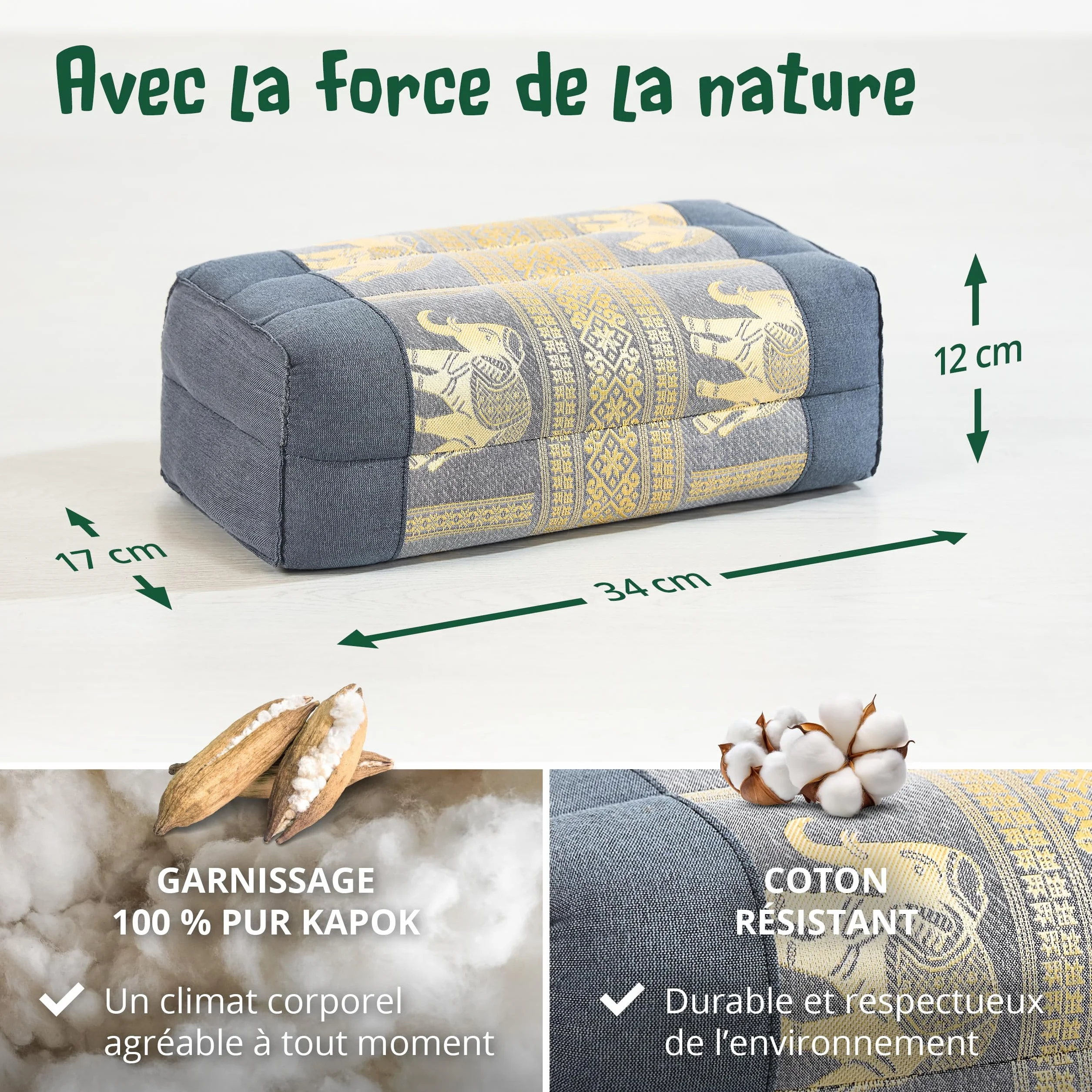 Livasia Coussin Yoga carré Bloc Soie thaï - 17x34x12cm - Coussin de méditation kapok, Coussin de Soutien rectangulaire, Accessoire Yoga Pilates Coussin cale-Nuque, Fait Main (Gris/Éléphants Soie)