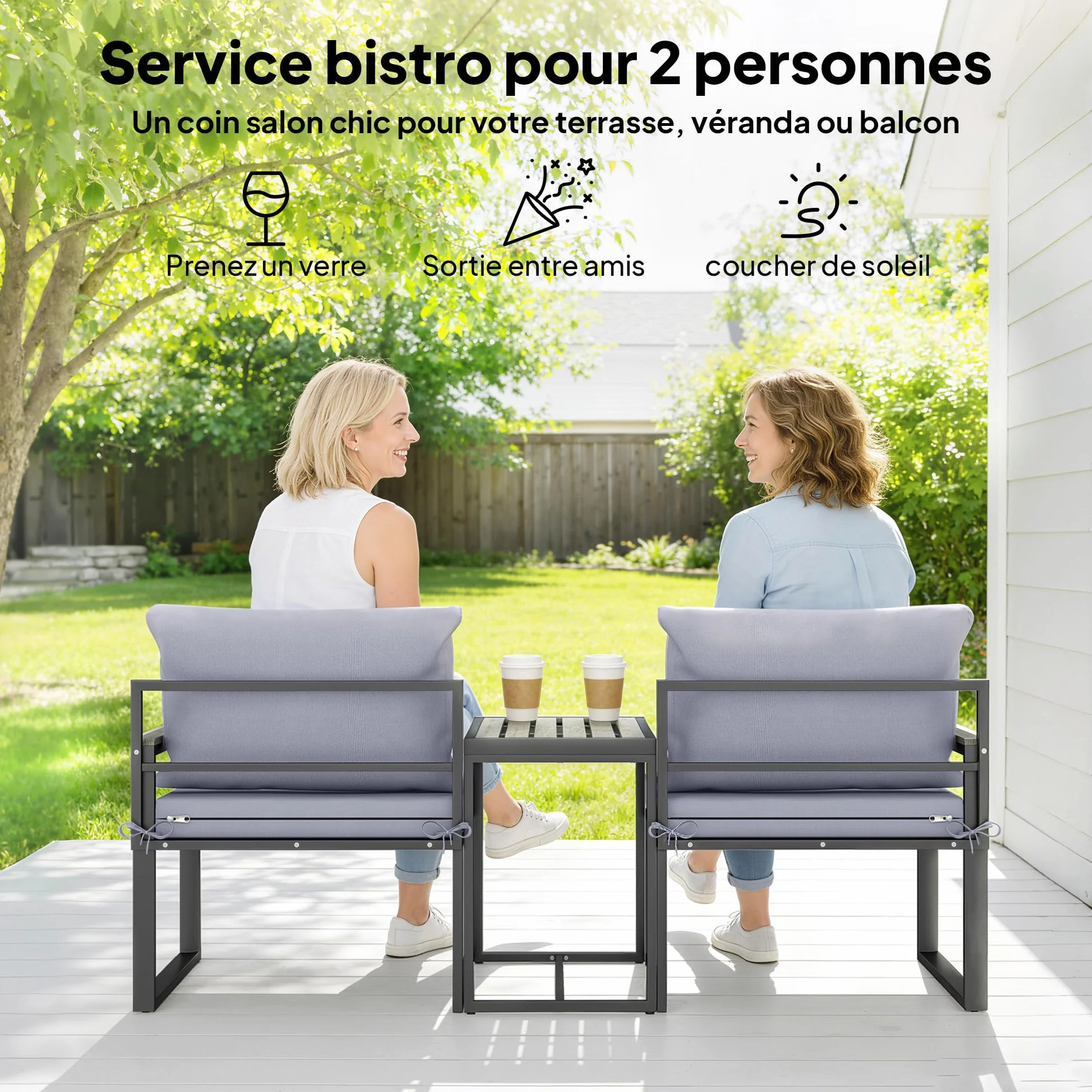 Outsunny Salon de Jardin 3 pièces avec Coussins 14cm, Fauteuils et Table d'appoint, Gris
