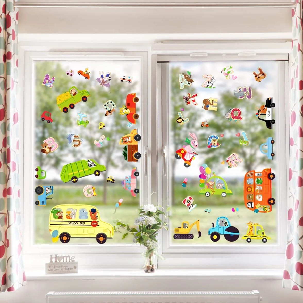 Stickers fenêtre enfant VOITURE + LETTRES réutilisable 62 pièces animaux jungle décoratifs vitres