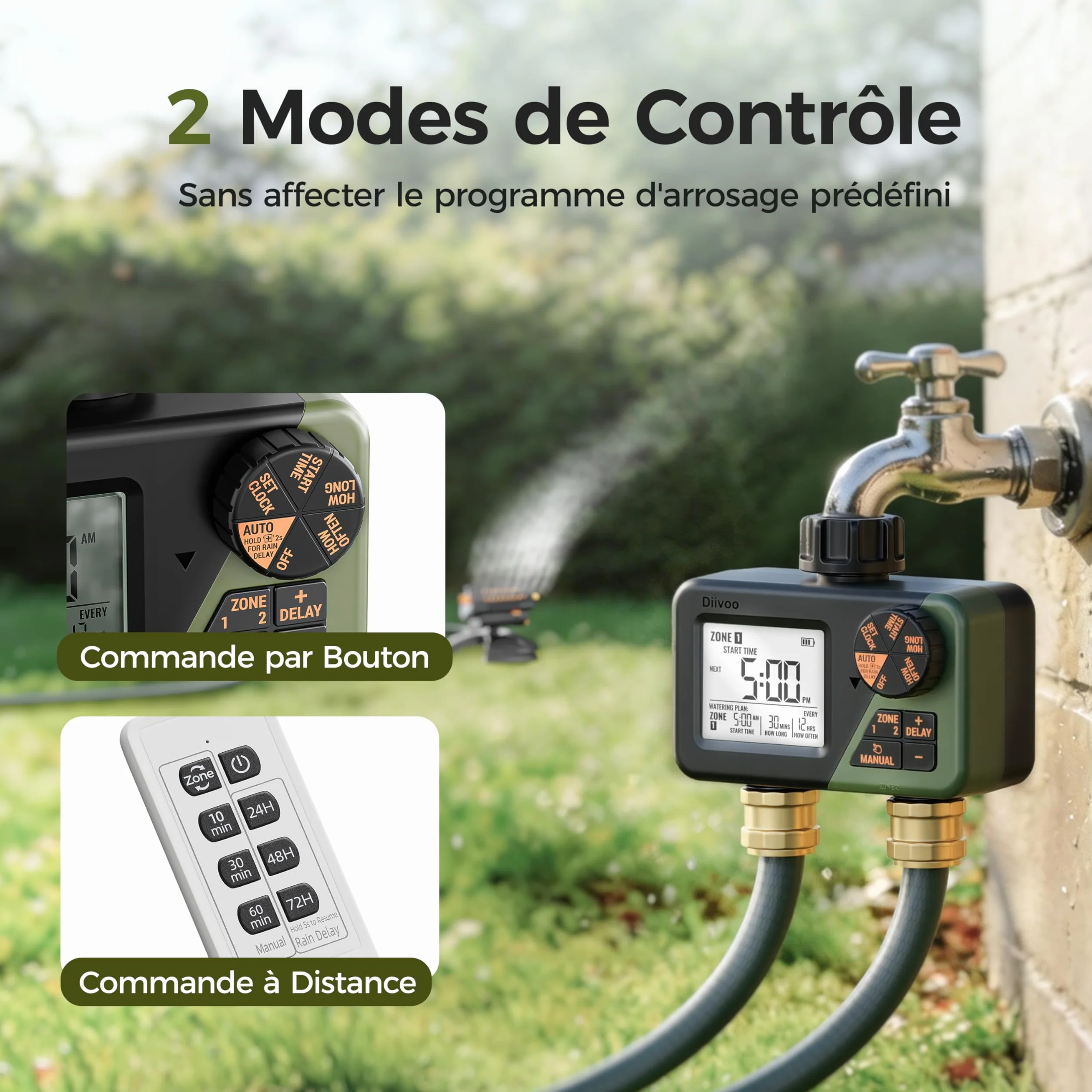 Diivoo RF Télécommande Programmateur Arrosage 2 Voies IP66 Grand Écran LCD