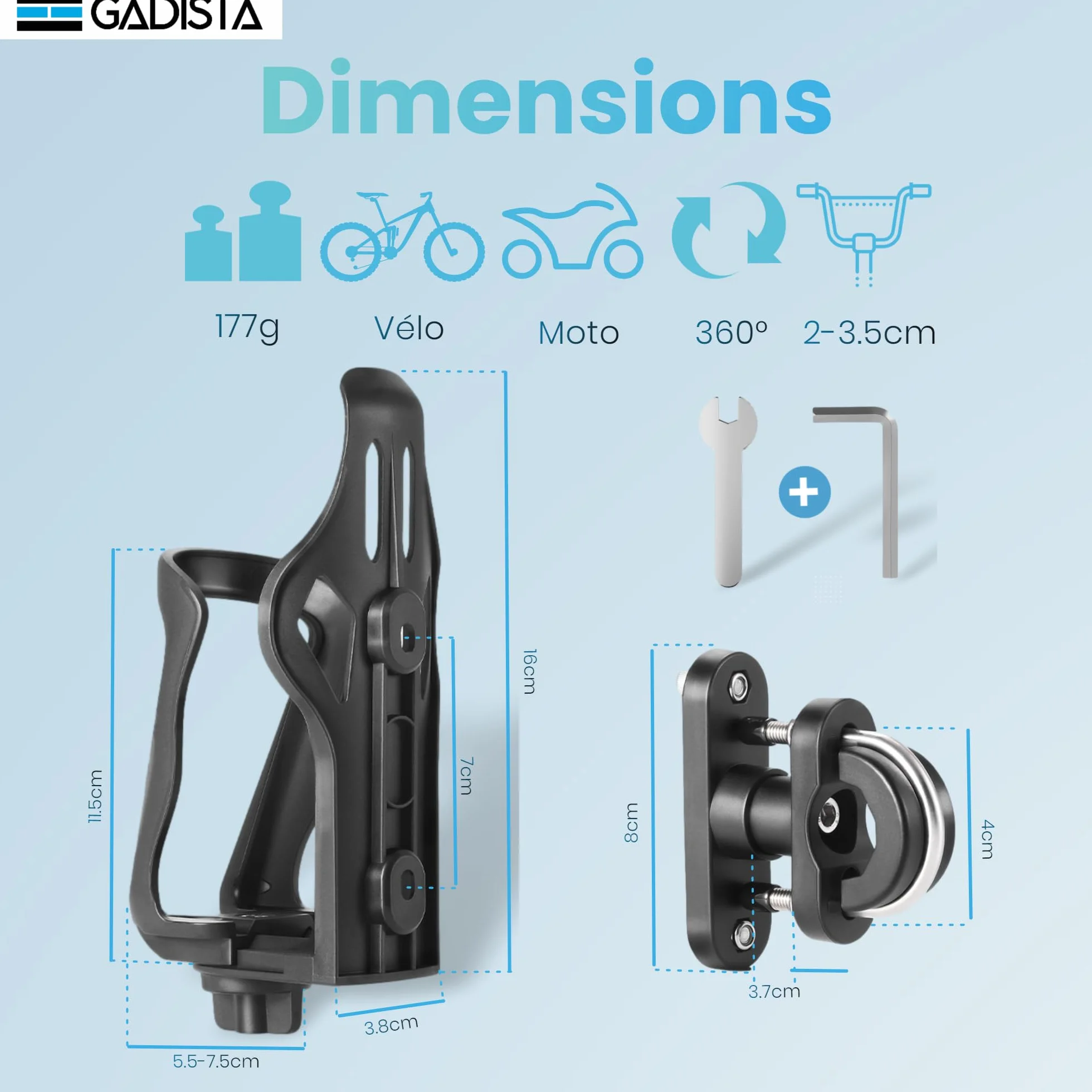 GADISTA France, Porte bidon Velo/Moto/Trott, Porte Gourde VTT, pour Bouteilles de 48-80 mm, Barre Horizontale ou Verticale, Maintien Ferme et Sécuritaire, Patins Antidérapants, Installation Facile