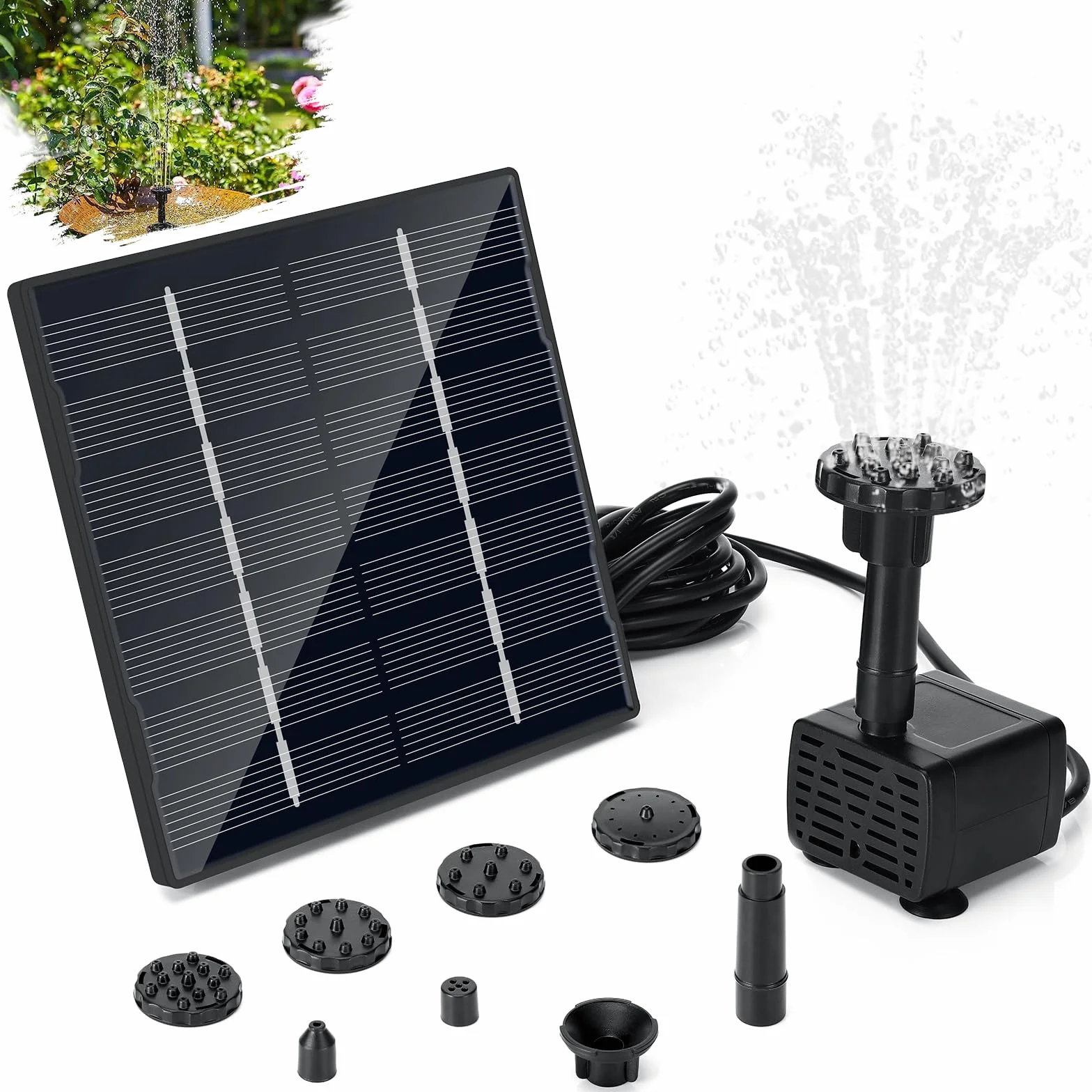 Fontaine Solaire 1.5W Pompe de Bassin avec 6 Buses et Conduite 3m Extérieur
