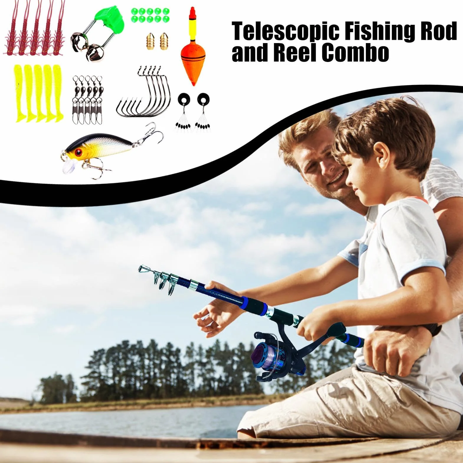 Kit de Canne à Pêche Télescopique avec Bobine pour Eau Salée et Eau Douce