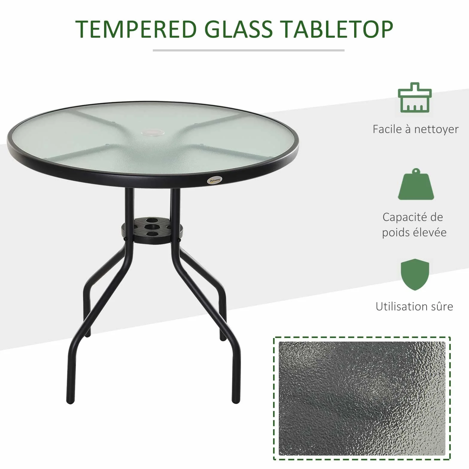Outsunny Table Ronde Bistro de Jardin Ø 80 x 72H cm Acier époxy Noir Verre trempé Parasol