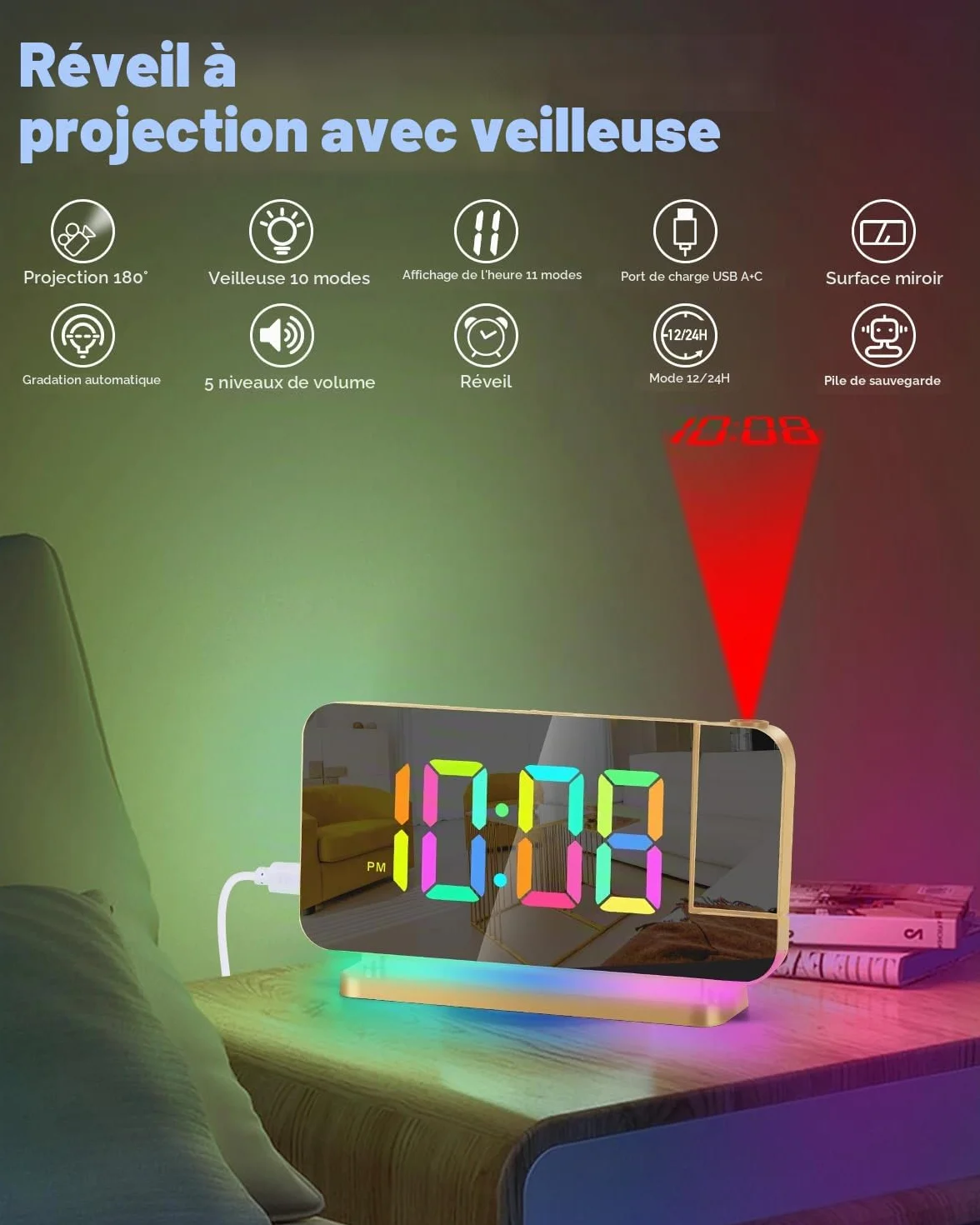 Réveil à projection Miroir LED 7,4" avec veilleuse RVB station de charge USB C projecteur rotatif 180° doré