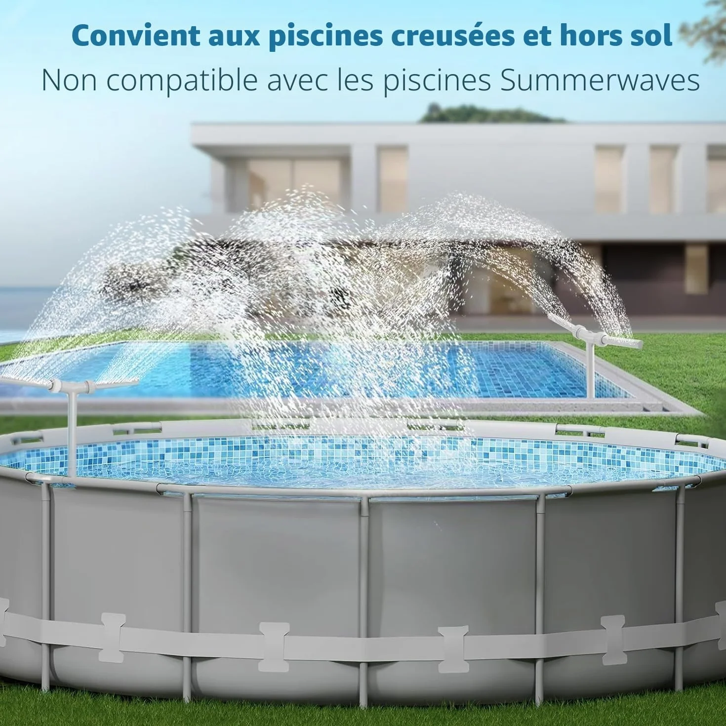 Fontaine de piscine cascade à double buse réglable pour piscines hors sol et encastrées Blanc
