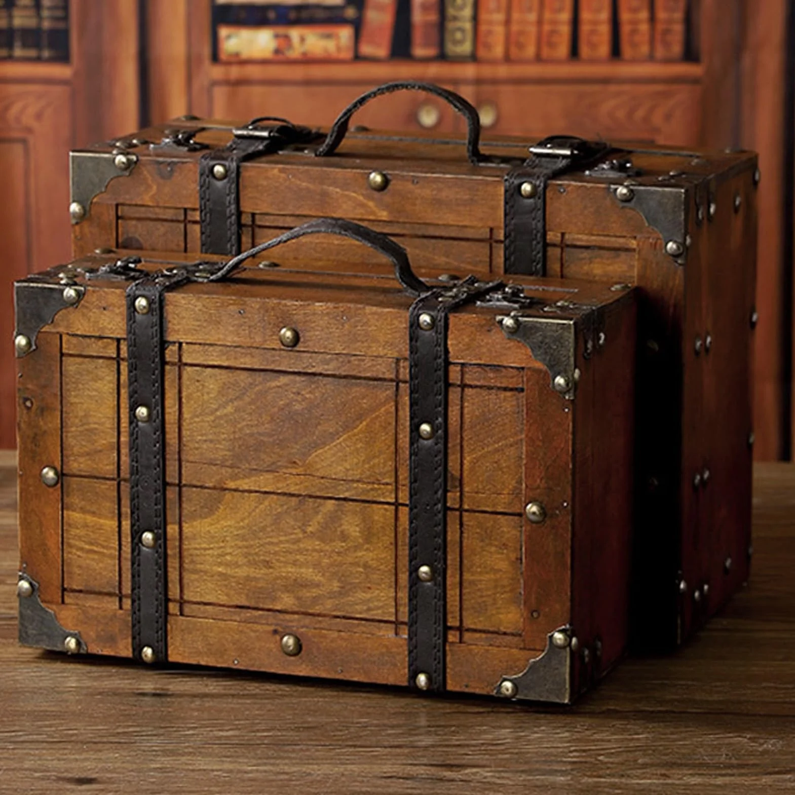 Coffre de Rangement en Bois Rétro Vikye avec 2 Verrous en Bronze, Grand