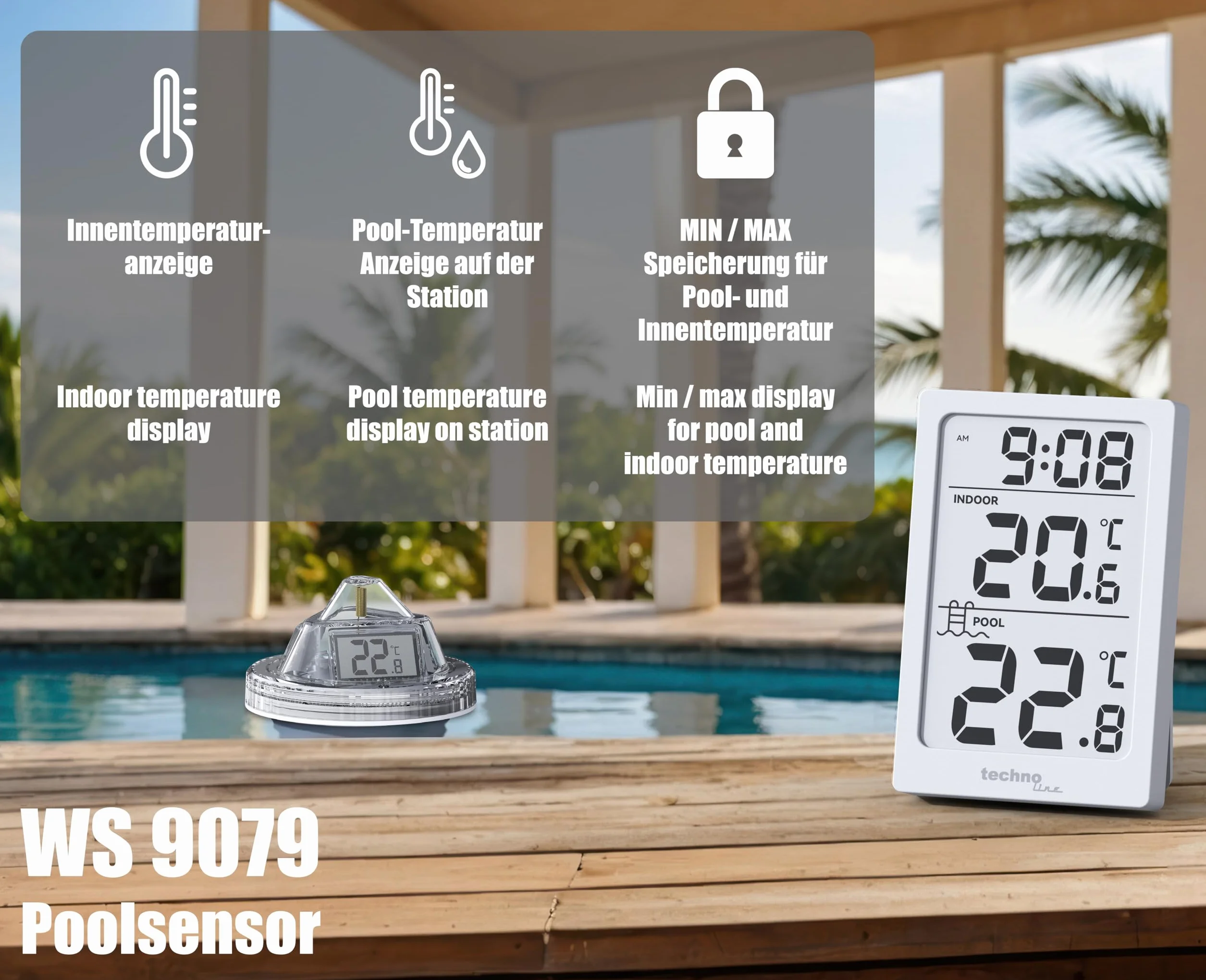 Technoline Thermomètre de piscine radio numérique WS9079 avec station, mesure température eau et intérieure