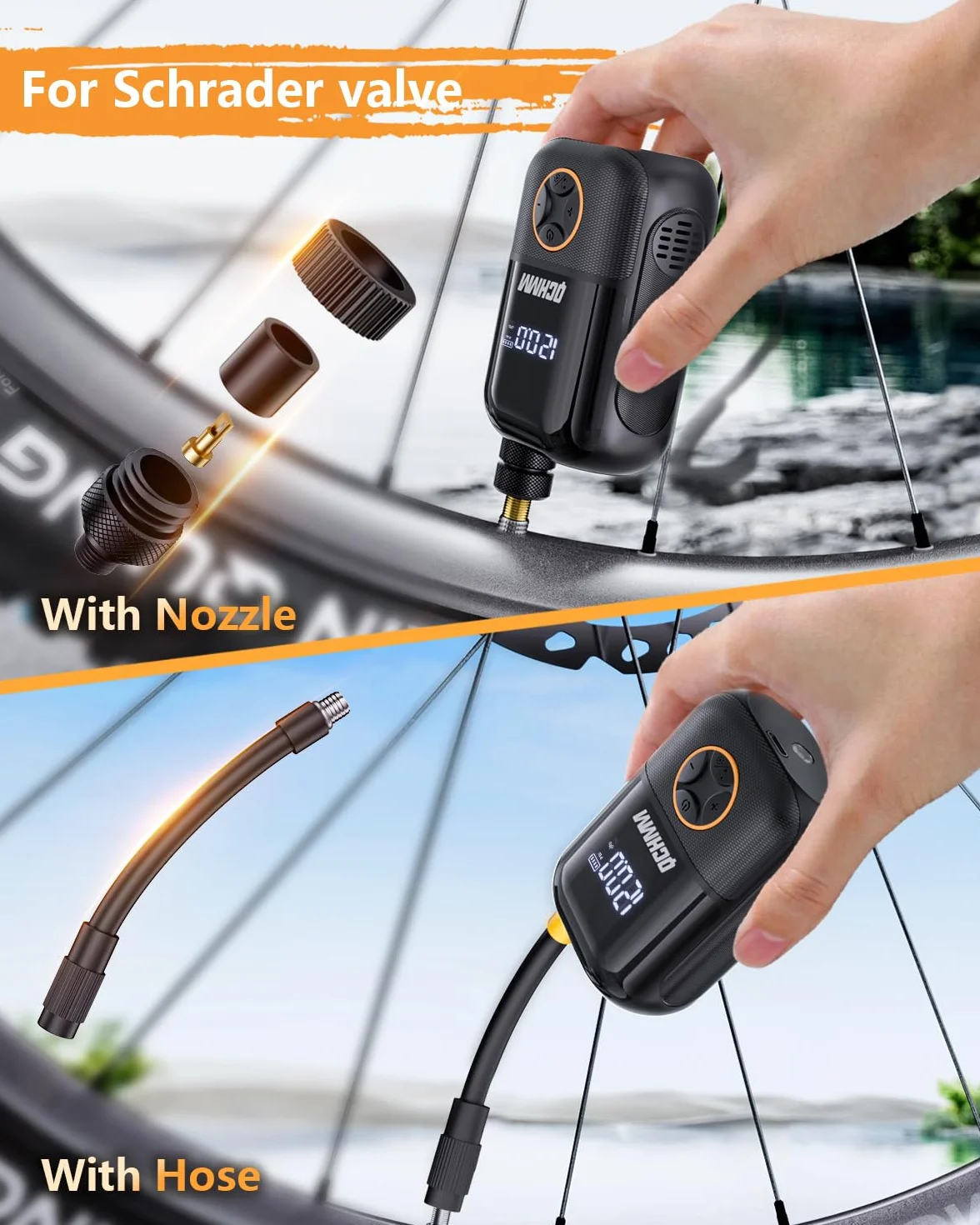 Mini Pompe vélo électrique avec Manometre, Pompe à vélo Portable de 120PSI avec Valve Presta et Schrader, de Route, VTT, vélos de Ville et vélos électriques