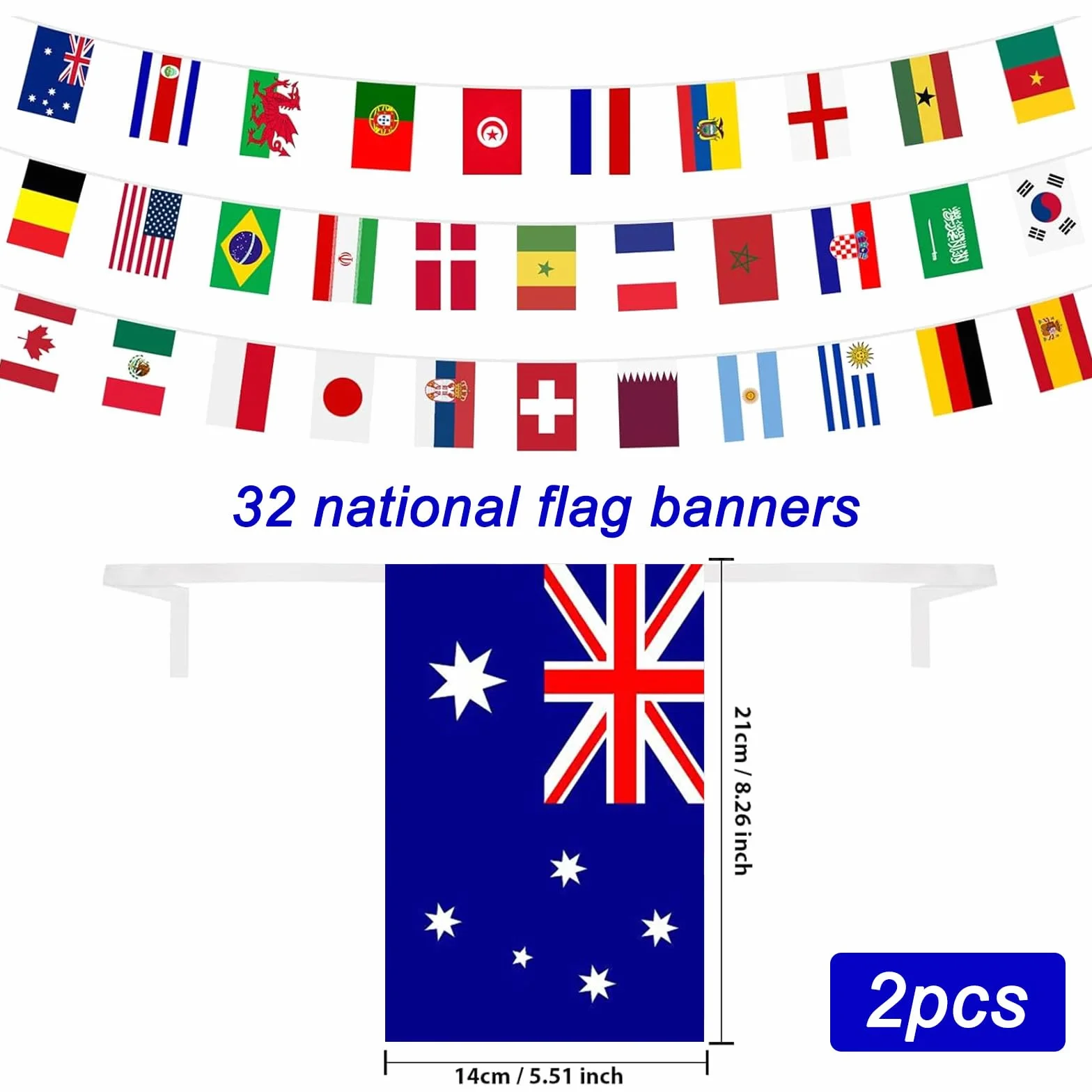 Guirlande de drapeaux de 32 pays pour la Coupe du Monde 2026, 32 pays des deux côtés en tissu euro (drapeaux / 4 pièces)