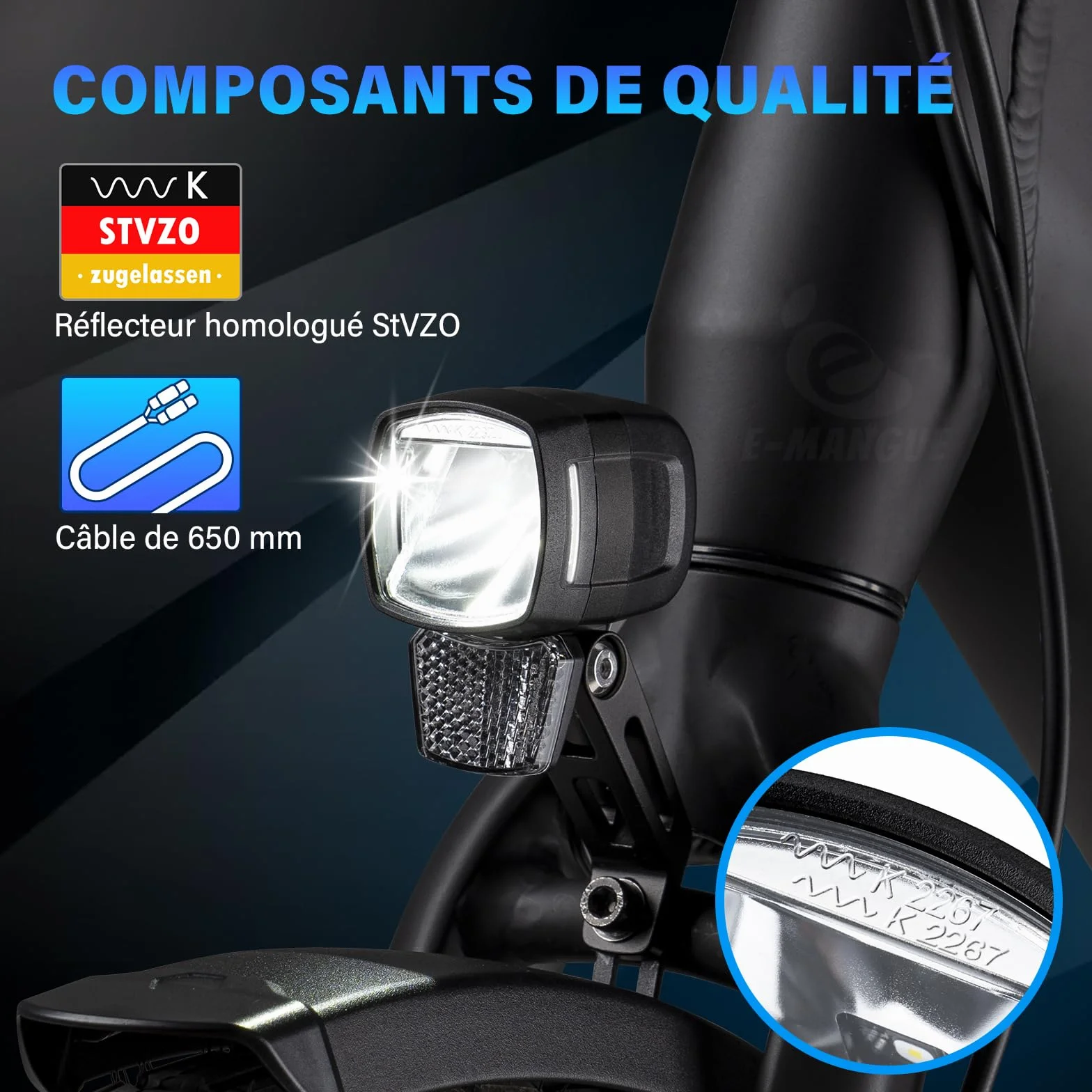 Vélo électrique LED lumière de vélo avec réflecteur, StVZO Approbation lumière Avant, LED Feux de stationnement, Phare de vélo, Lampe de vélo lumière Avant