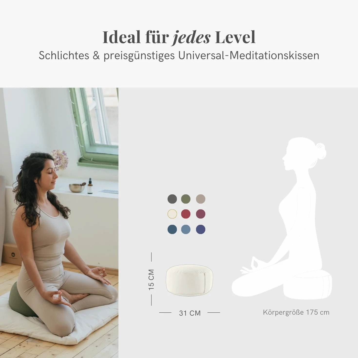 LOTUSCRAFTS Coussin de méditation, hauteur d'assise 15 cm, modèle Lotus rond, coussin de yoga, yoga bolster, housse en coton lavable, rembourrage d'épeautre, Certifié GOTS