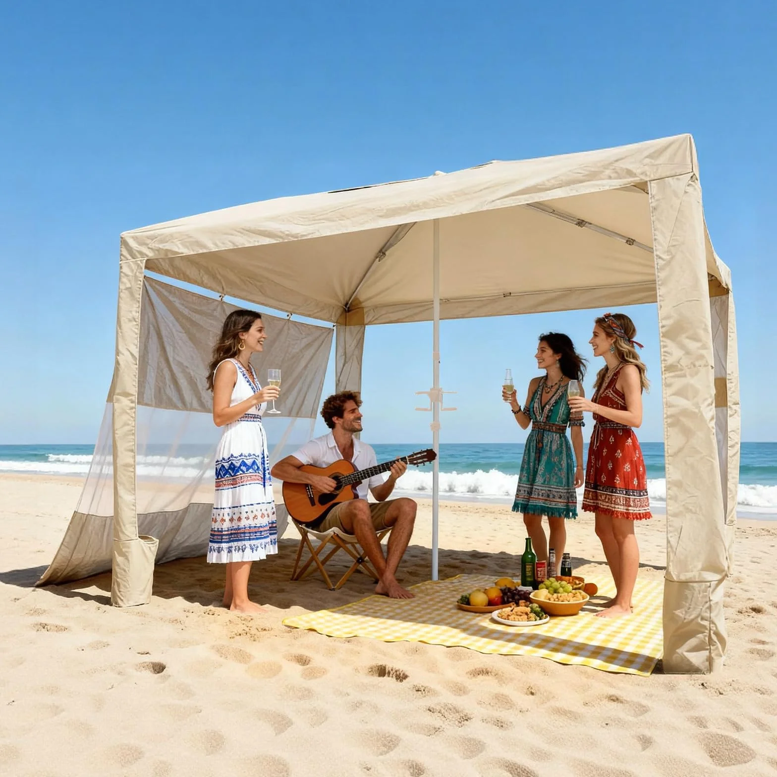 VEVOR Tonnelle de Plage 2,4 x 2,4 m, Abri de Plage avec Parois Latérales et Poches à Sable, Tente Portable pour Camping Extérieur, Protection UPF 50+, Hauteur Réglable, Espace Ombragé Spacieux, Kaki