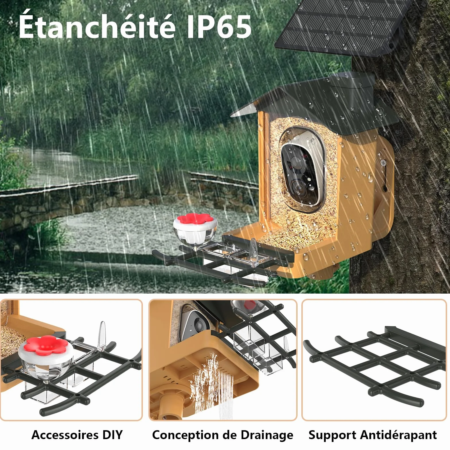 Mangeoire à Oiseaux avec Caméra AI Identification Oiseaux Vision Nocturne HD 2K IP65 Etanche Panneau Solaire