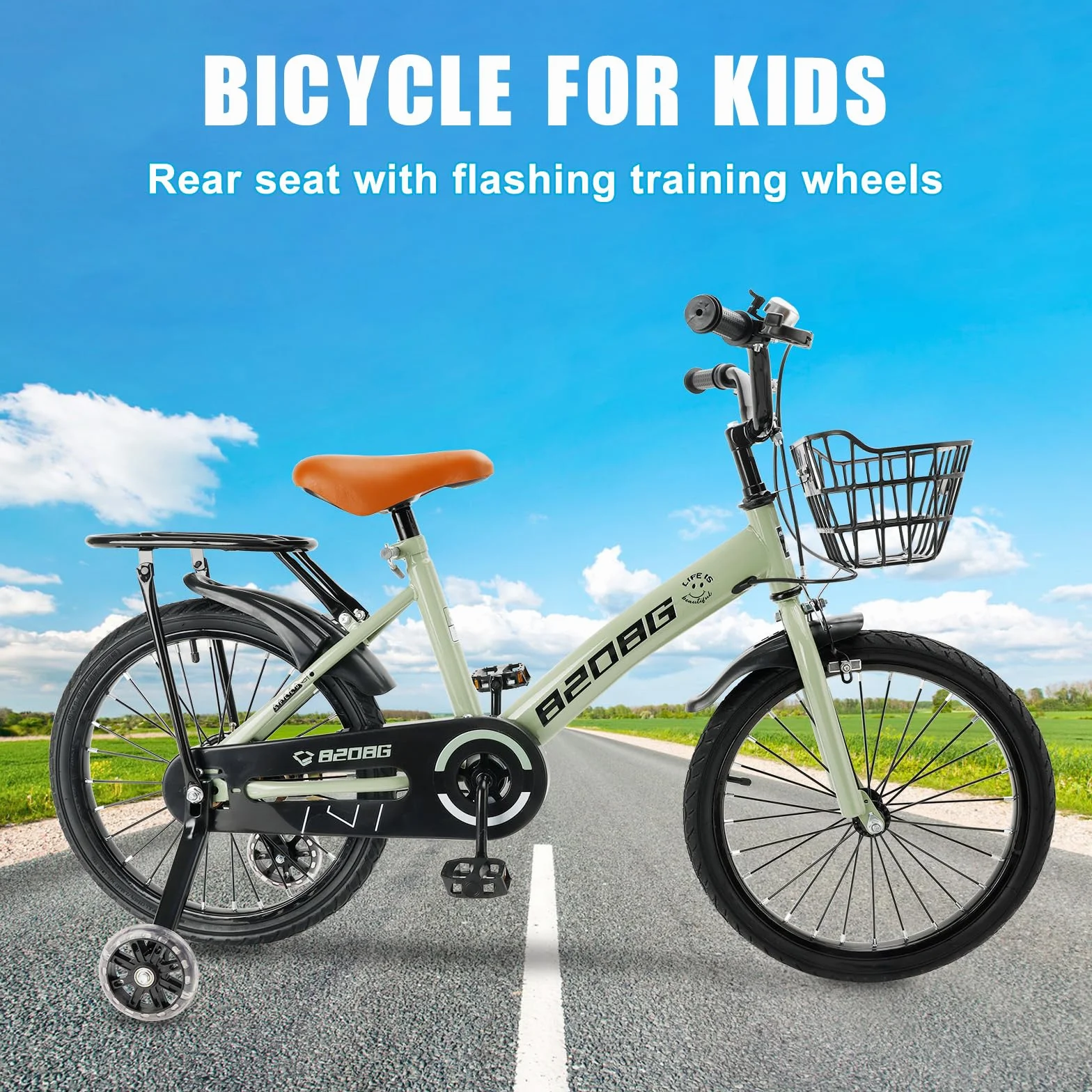 Vélo pour enfant de 18 pouces, cadre en acier au carbone de haute qualité, siège et guidon réglables, double freins, moyeux intégrés, panier amovible, roues stabilisatrices, selle confortable, vélo