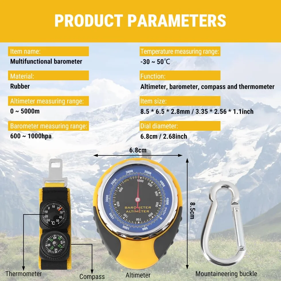 Altimètre Baromètre Boussole Thermomètre Testeur 4 en 1, Altimetre Randonnee Portable, sans Pile avec Crochet, Escalade Ski Cyclisme Équipement Nécessaire