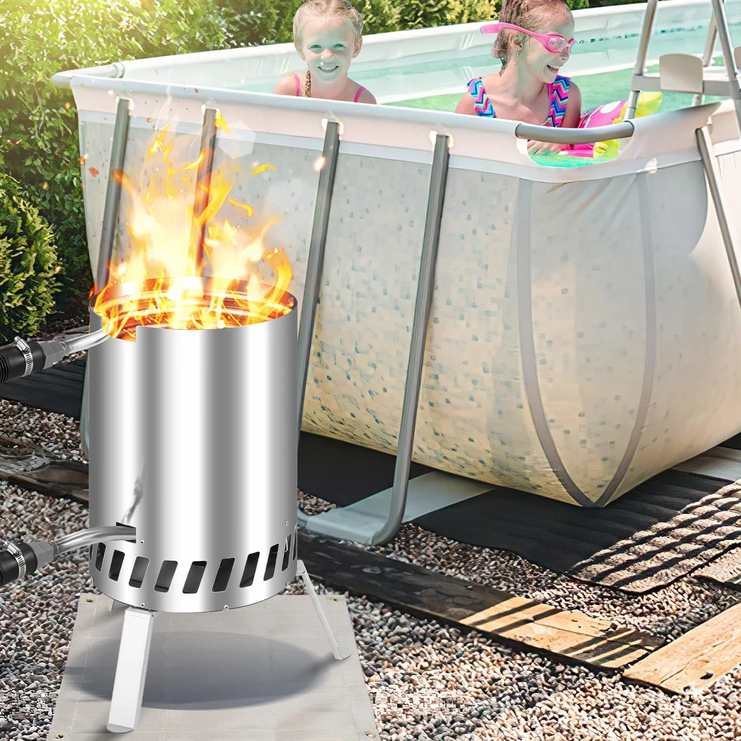 Chauffage de piscine en acier inoxydable avec feu - Raccords 32-38 mm - Tapis ignifuge et plateau
