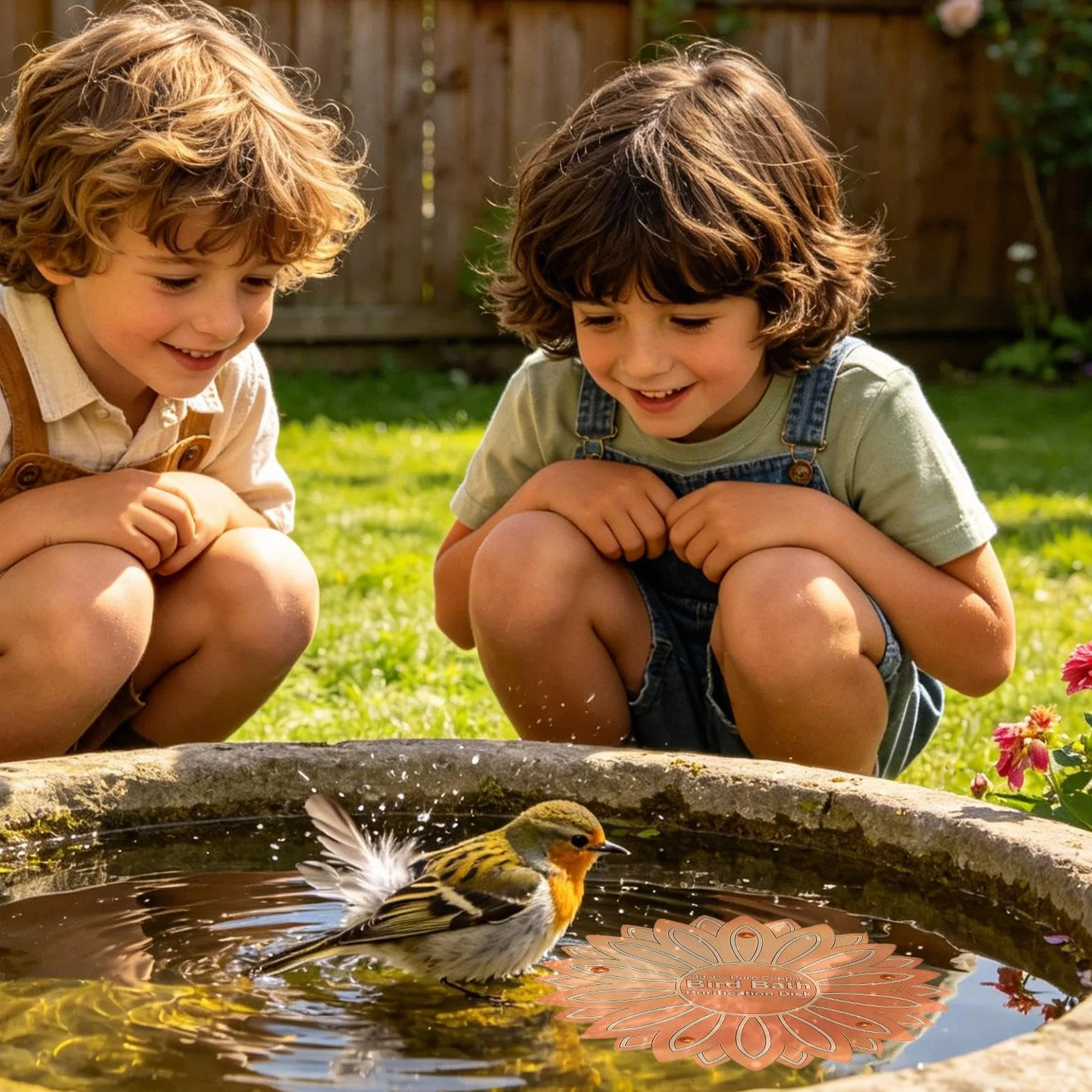 Disque cuivre bain oiseaux fleurs prévention algues jardin