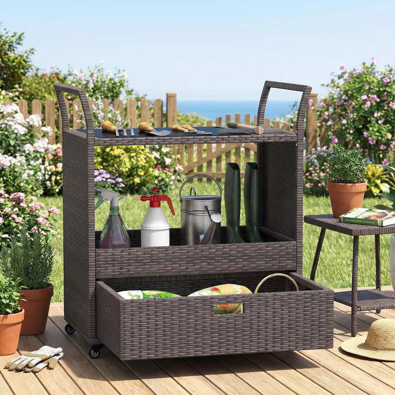 SOARS Desserte Exterieur Rotin PE Chariot Plancha Roulettes Plateau Verre Barbecue Jardin Patio