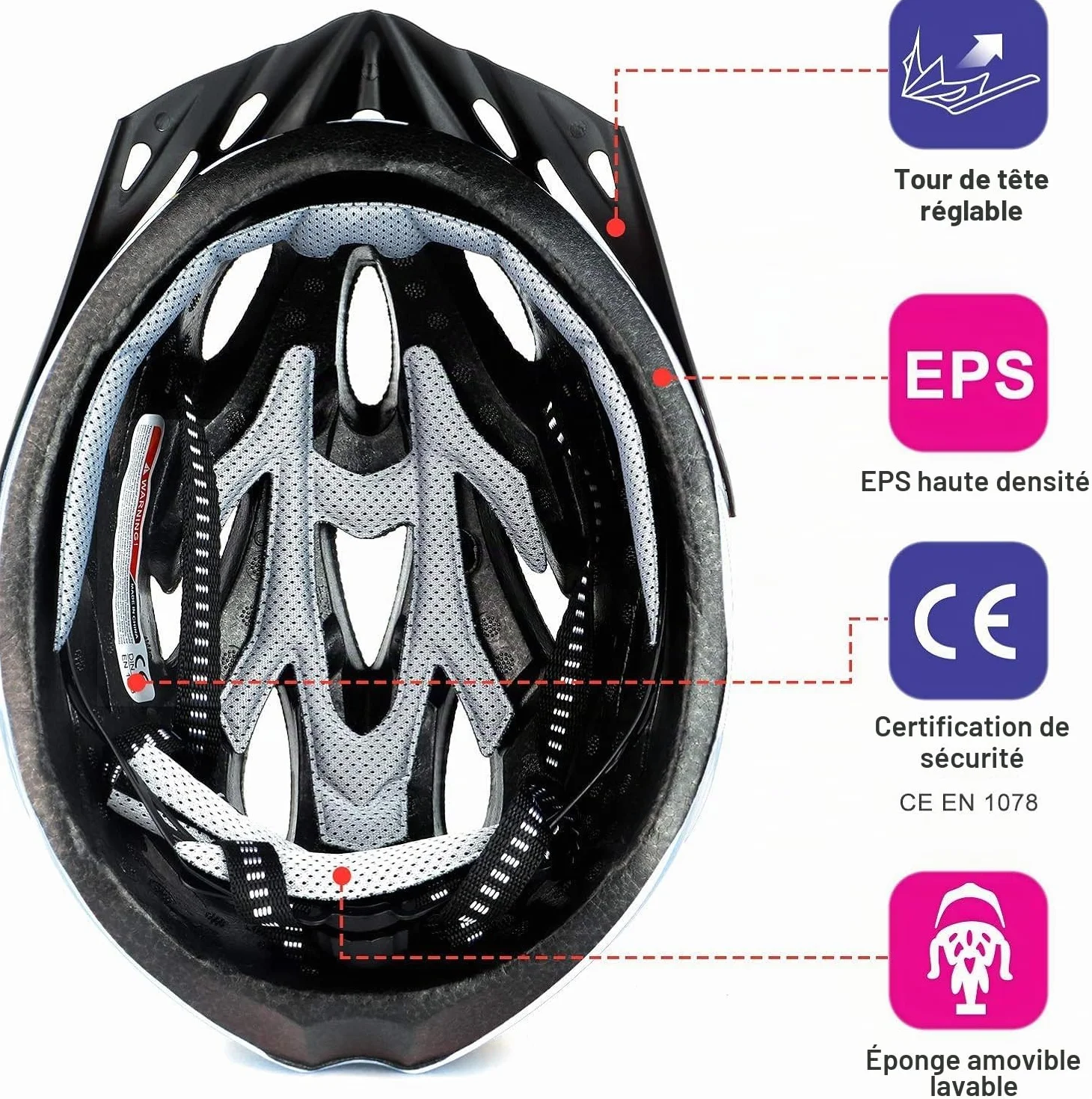 Casque de vélo pour Adulte Homme Femme - Corps EPS + Coque en Polycarbonate - Casque de VTT avec visière et Rembourrage Amovibles - Casque de vélo réglable 58-61 cm